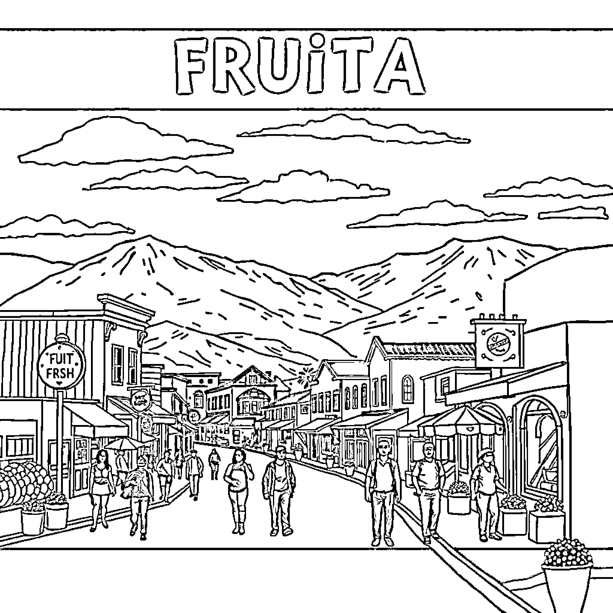 Fruit town filled with lively people and shops Coloring Page (free black-and-white line drawing printable PDF for all, from beginners to advanced learners, including children, teens, adults, and seniors)