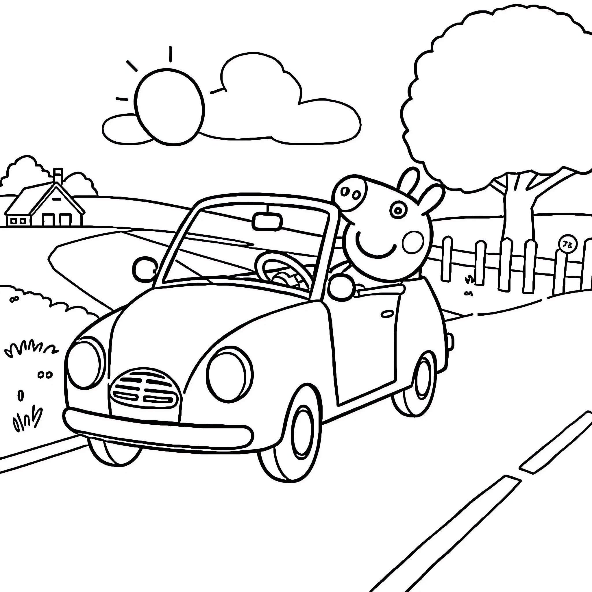 Peppa Pig driving a car on the road Coloring Page (free black-and-white line drawing printable PDF for all, from beginners to advanced learners, including children, teens, adults, and seniors)