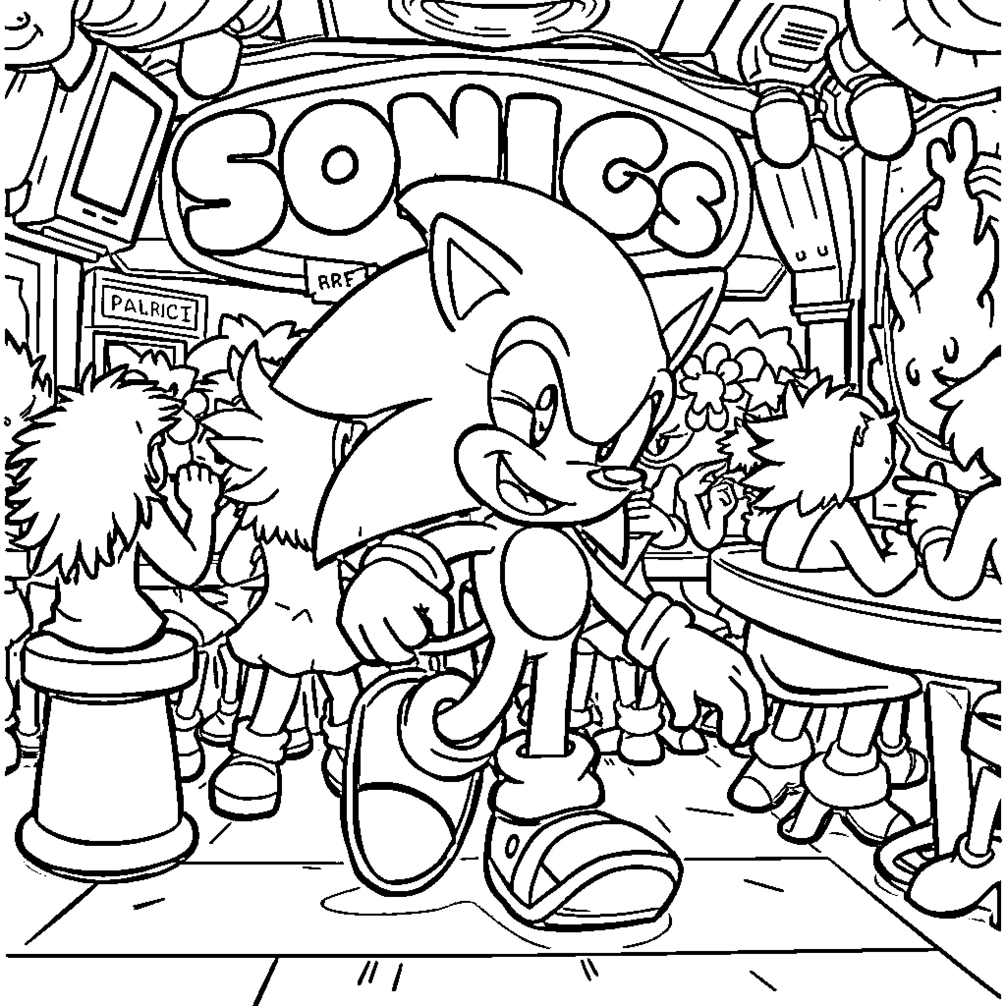 Sonic in an amusing arcade scene Coloring Page (free black-and-white line drawing printable PDF for all, from beginners to advanced learners, including children, teens, adults, and seniors)