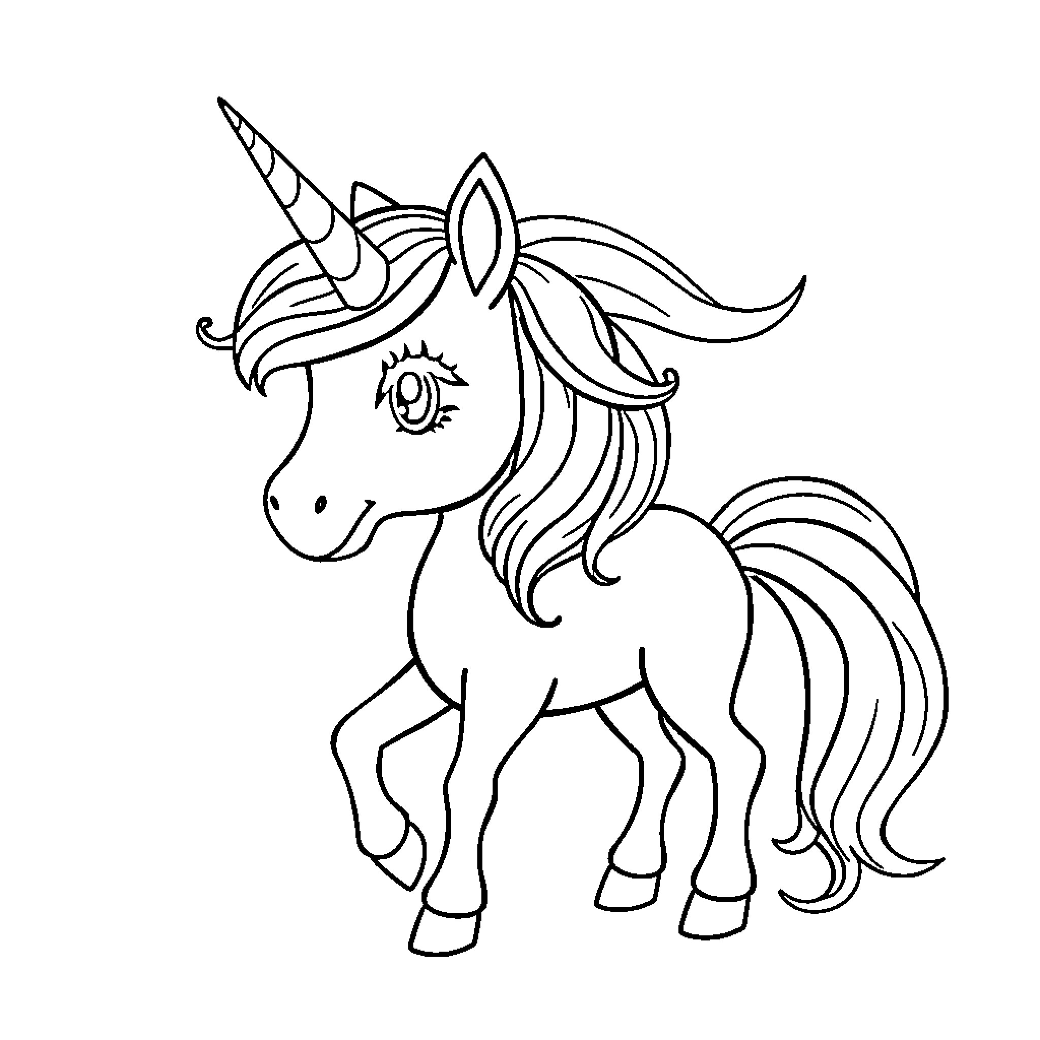 Unicorn with whimsical design Coloring Page (free black-and-white line drawing printable PDF for all, from beginners to advanced learners, including children, teens, adults, and seniors)