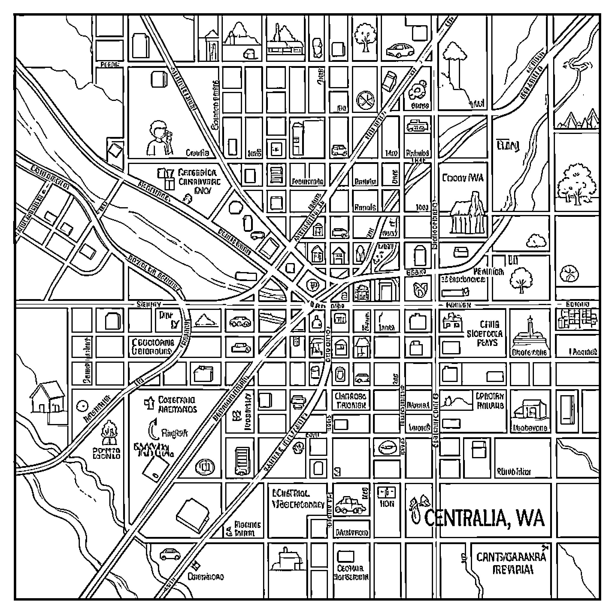 Map of a city with various landmarks and buildings Coloring Page (free black-and-white line drawing printable PDF for all, from beginners to advanced learners, including children, teens, adults, and seniors)