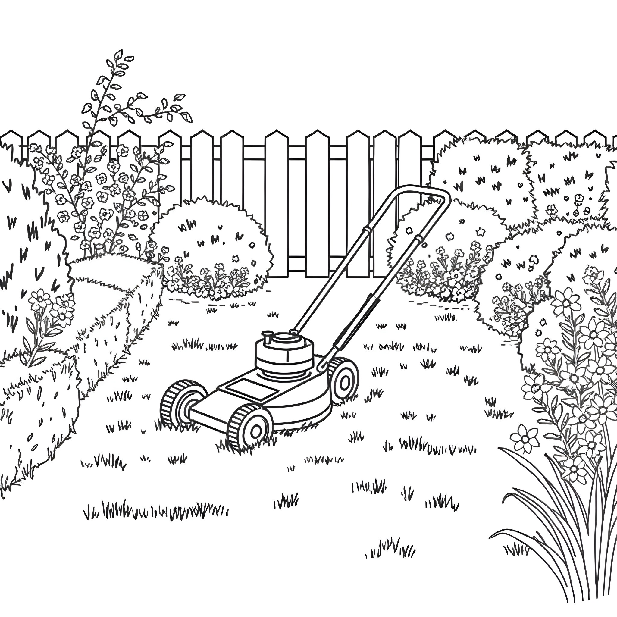 Lawn Mower in the Lush Garden Coloring Page (free black-and-white line drawing printable PDF for all, from beginners to advanced learners, including children, teens, adults, and seniors)
