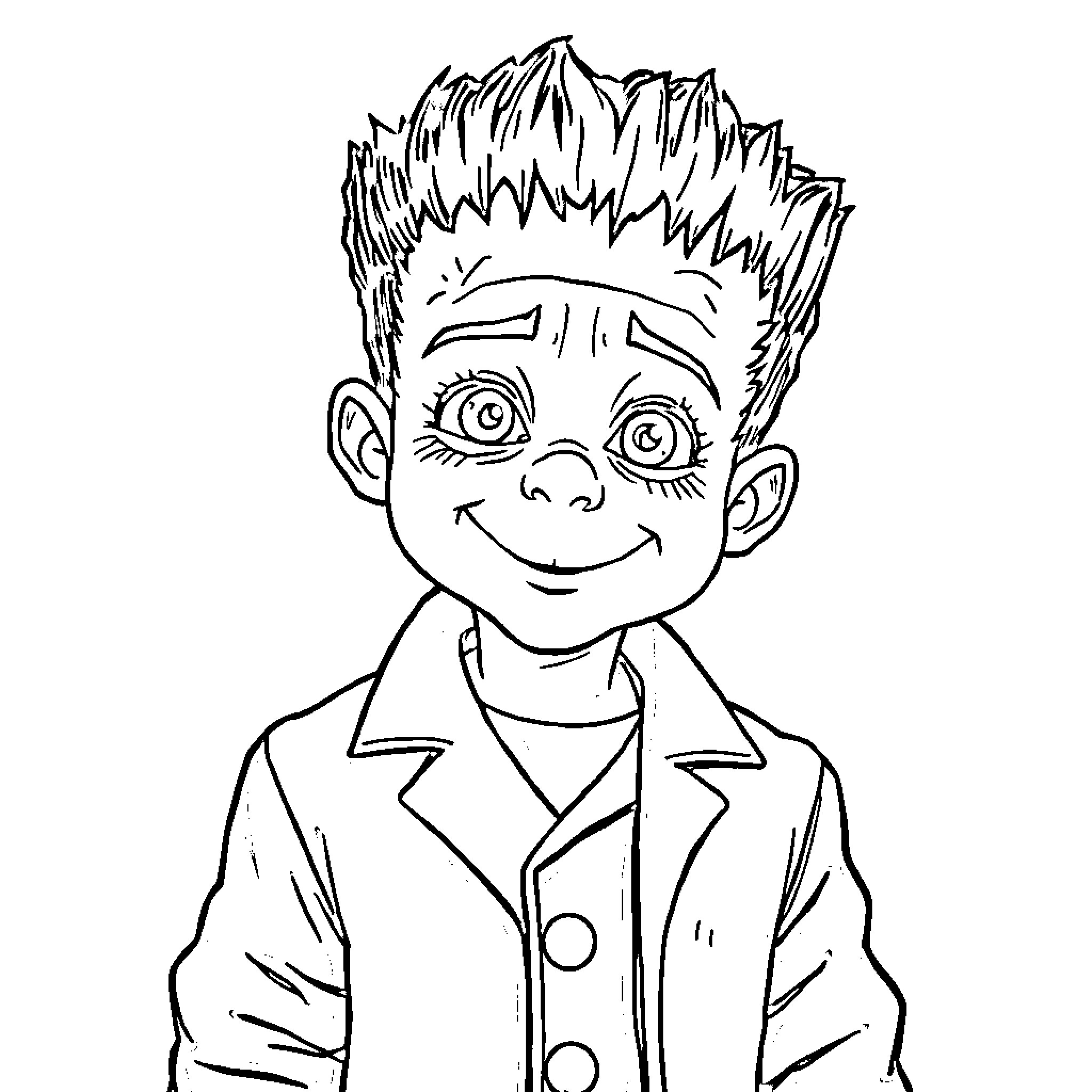 Frankenstein's enthusiastic assistant in lab coat Coloring Page (free black-and-white line drawing printable PDF for all, from beginners to advanced learners, including children, teens, adults, and seniors)