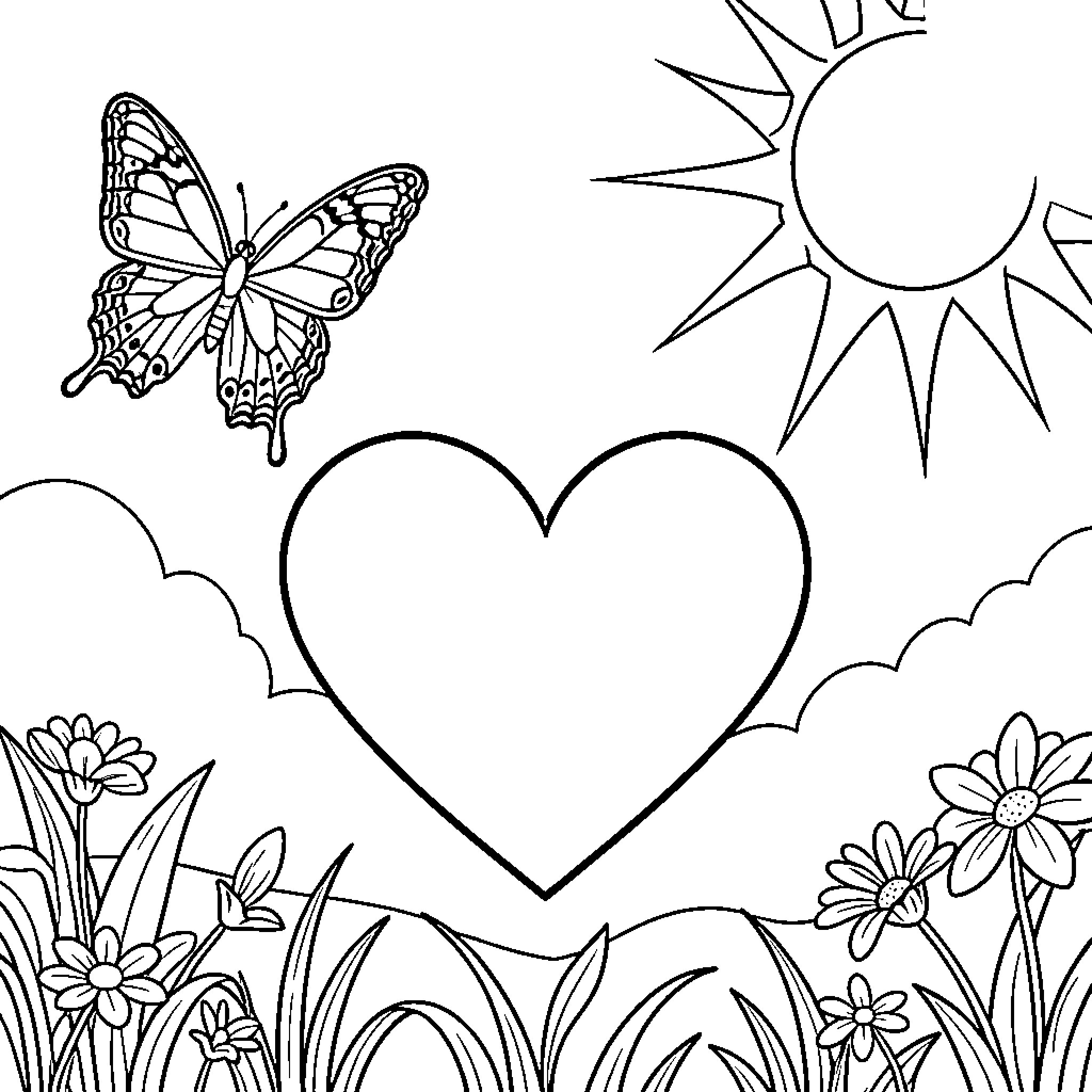 Butterfly flying near a heart and the sun Coloring Page (free black-and-white line drawing printable PDF for all, from beginners to advanced learners, including children, teens, adults, and seniors)