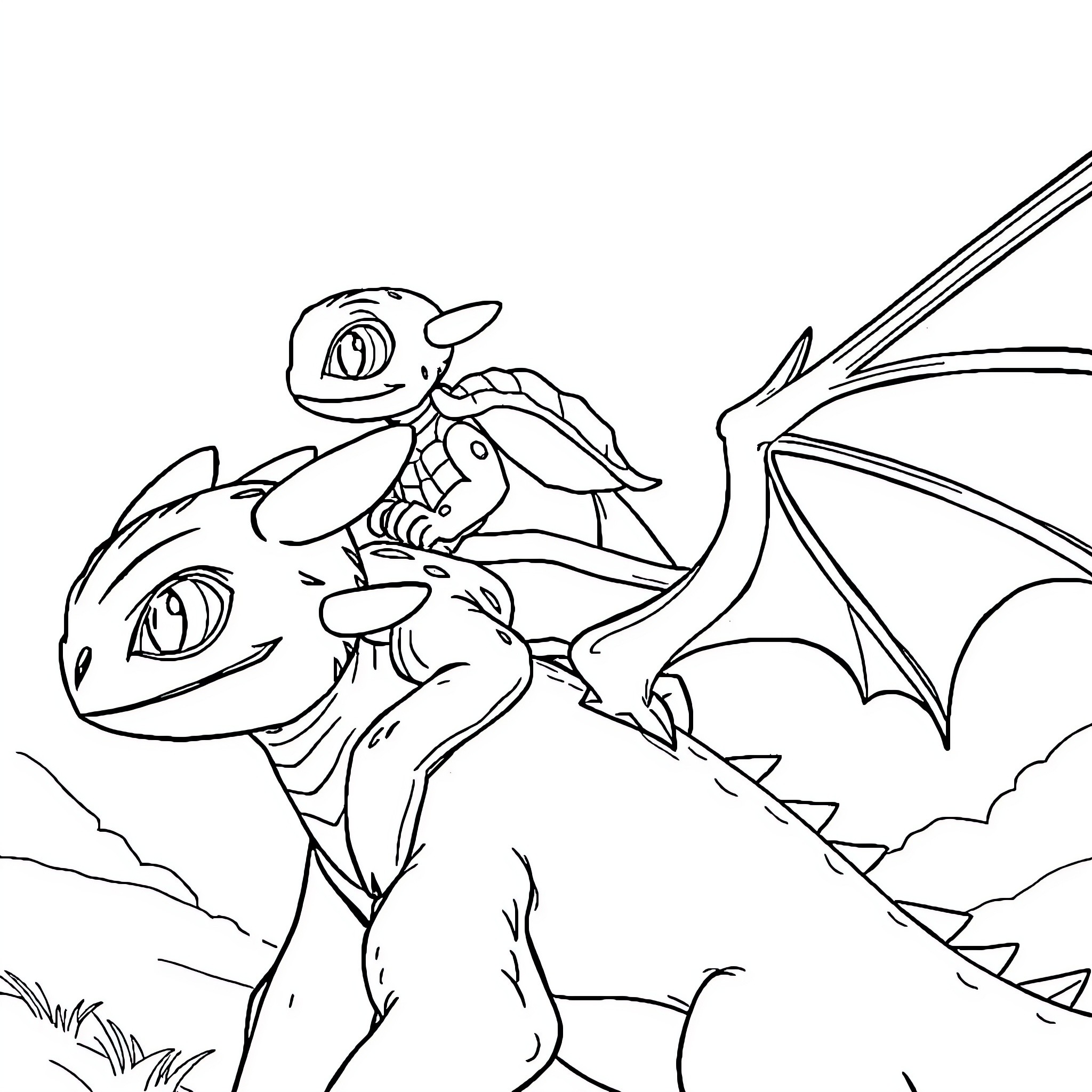 Turtle-like Dragons Playing Together in the Clouds Coloring Page (free black-and-white line drawing printable PDF for all, from beginners to advanced learners, including children, teens, adults, and seniors)