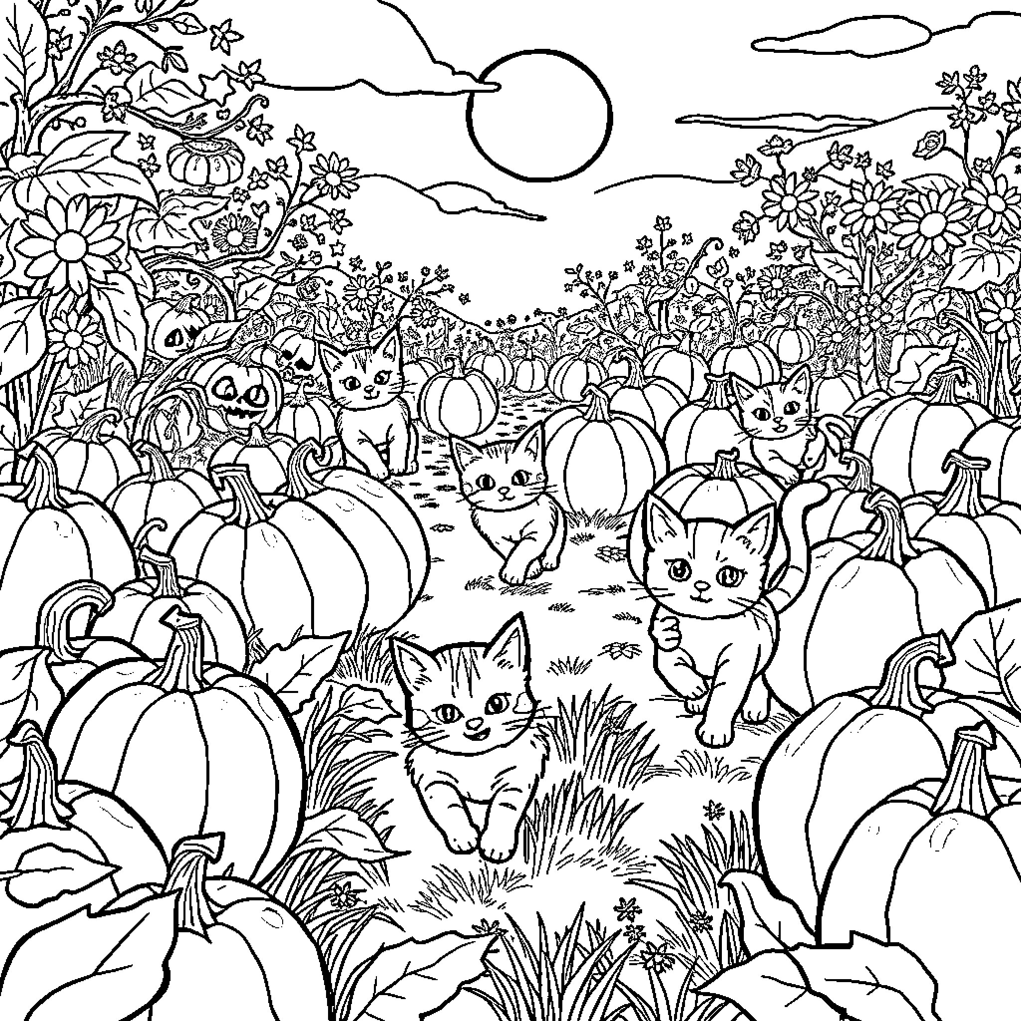Cat patch in pumpkin patch with flowers Coloring Page (free black-and-white line drawing printable PDF for all, from beginners to advanced learners, including children, teens, adults, and seniors)
