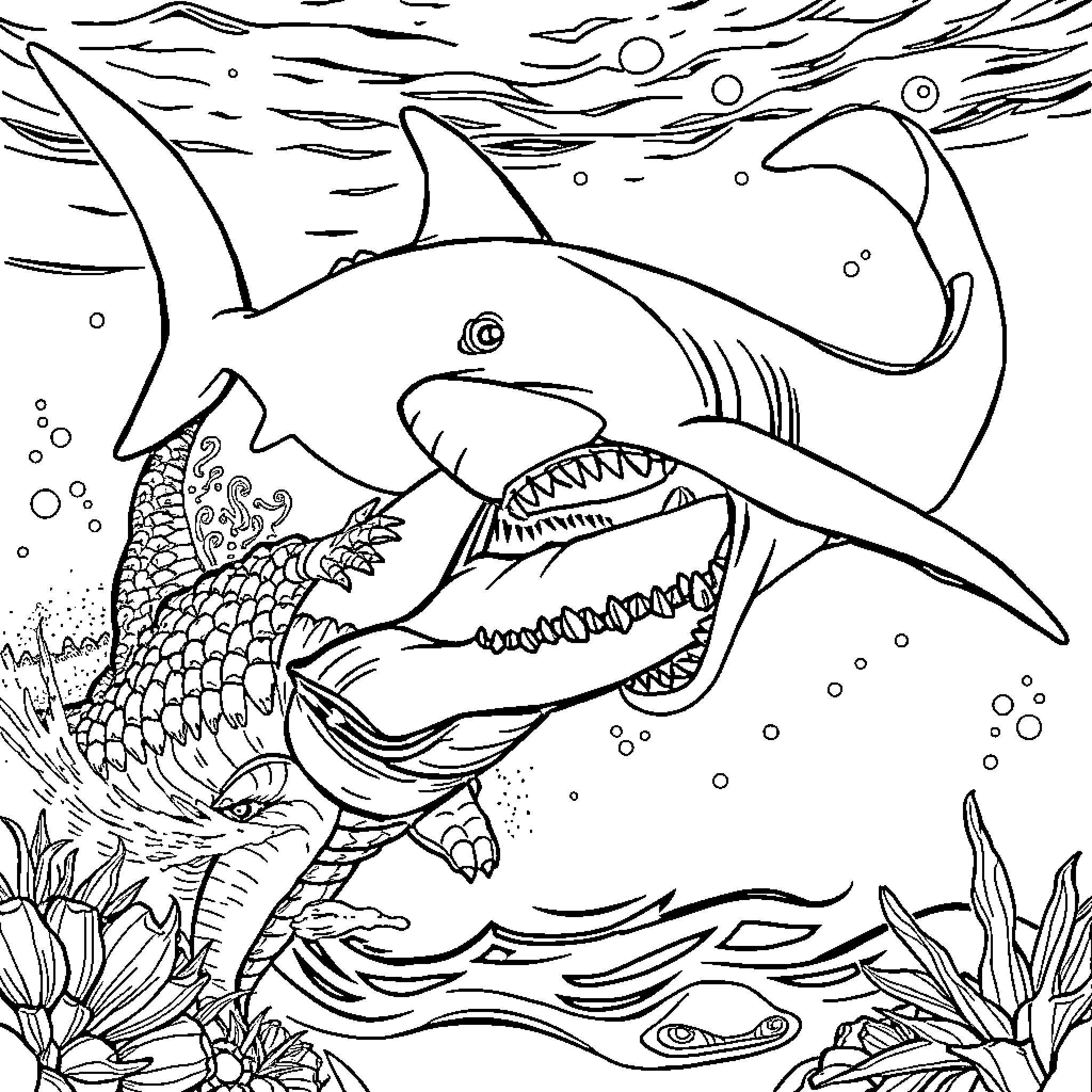 Shark hunting in the deep ocean Coloring Page (free black-and-white line drawing printable PDF for all, from beginners to advanced learners, including children, teens, adults, and seniors)