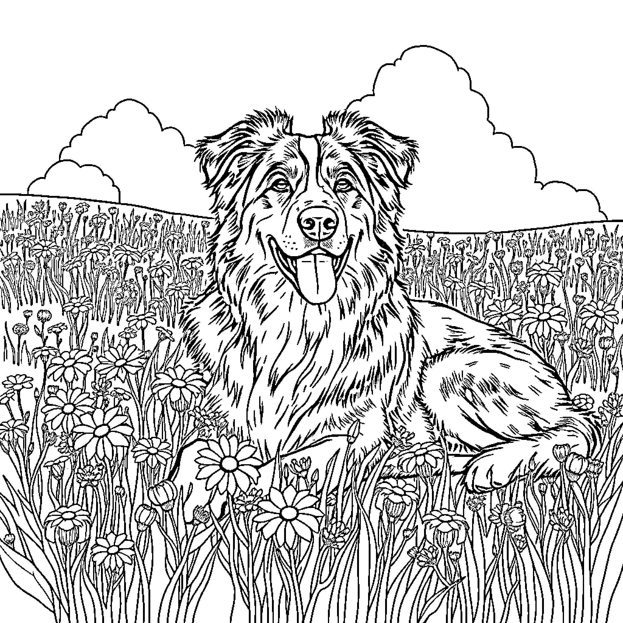 Australian Shepherd enjoying nature's beauty Coloring Page (free black-and-white line drawing printable PDF for all, from beginners to advanced learners, including children, teens, adults, and seniors)
