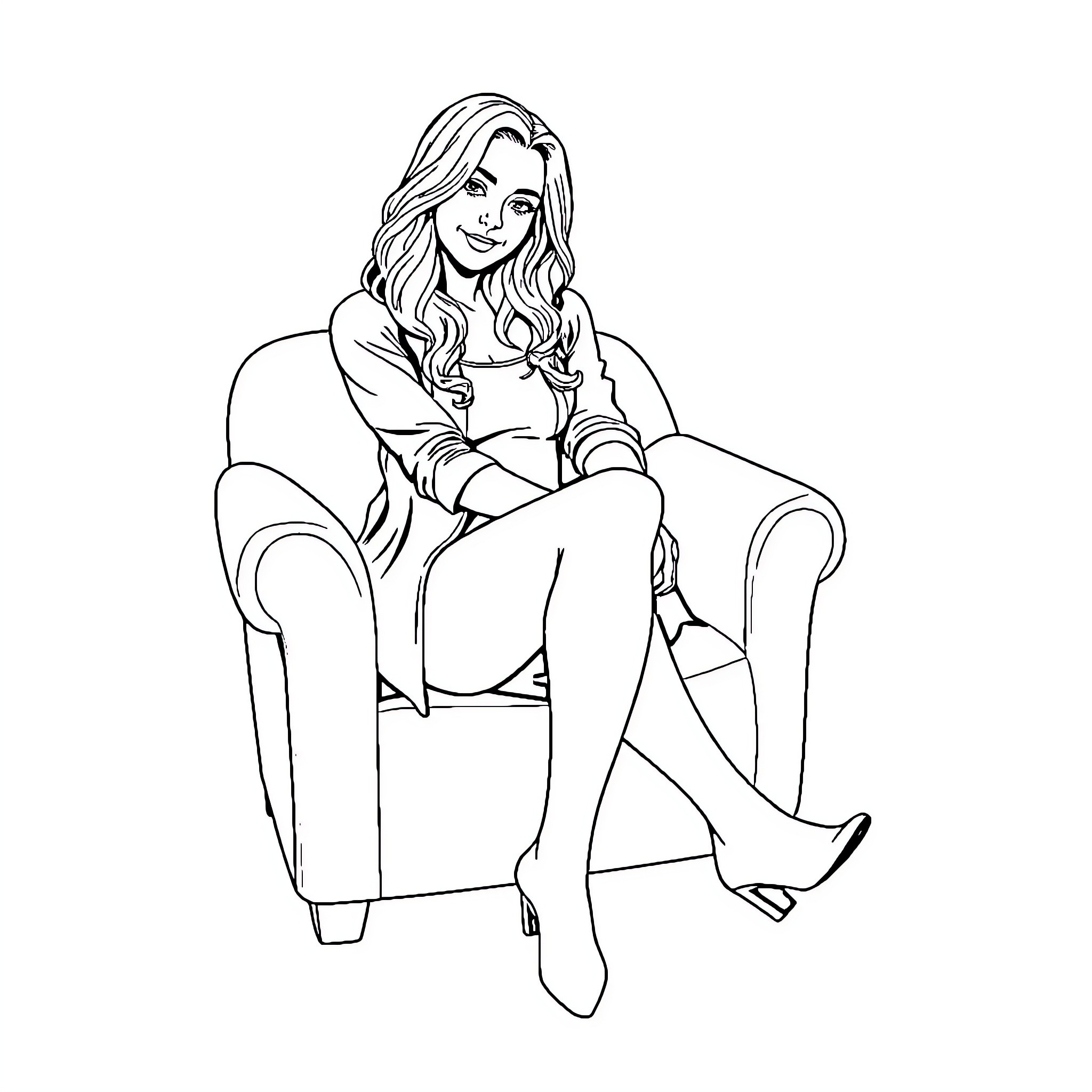 Sabrina Carpenter sitting comfortably in an armchair Coloring Page (free black-and-white line drawing printable PDF for all, from beginners to advanced learners, including children, teens, adults, and seniors)