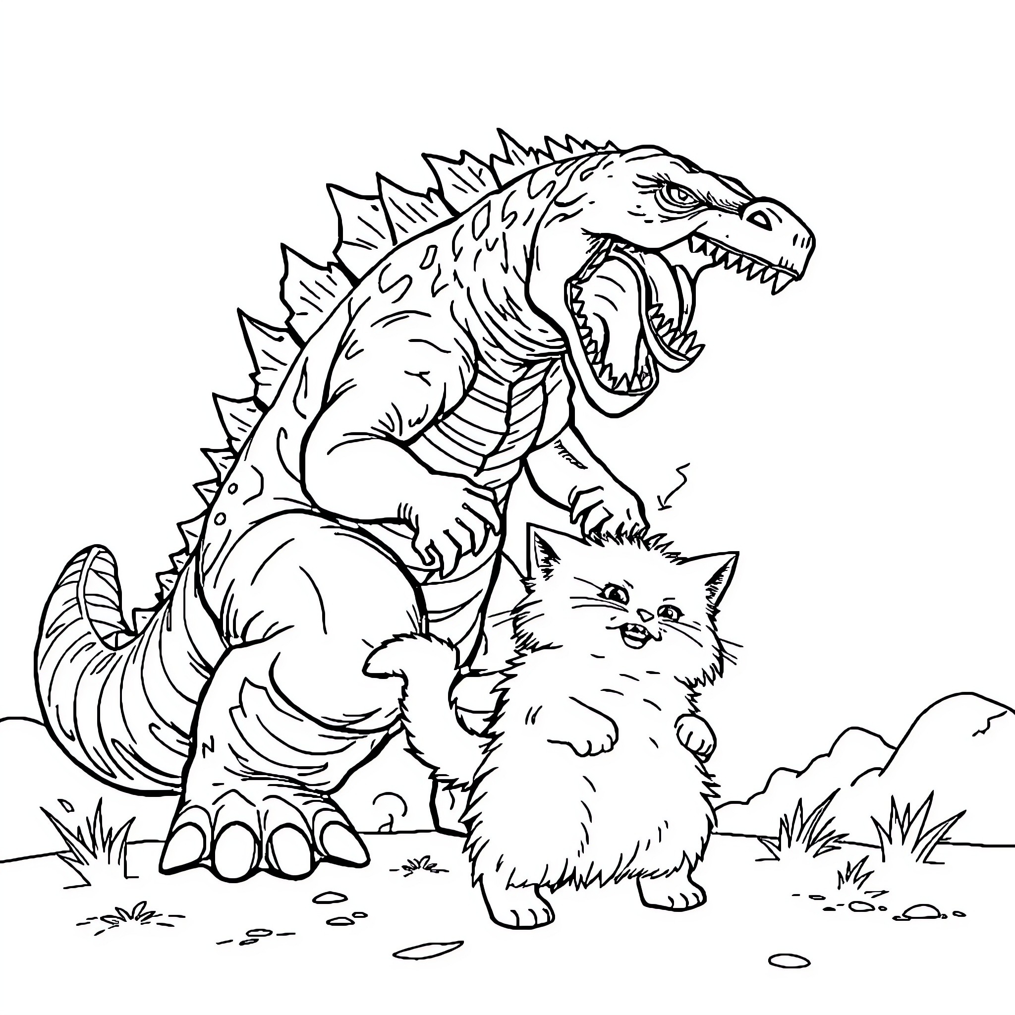 Godzilla encountering a small furry creature Coloring Page (free black-and-white line drawing printable PDF for all, from beginners to advanced learners, including children, teens, adults, and seniors)
