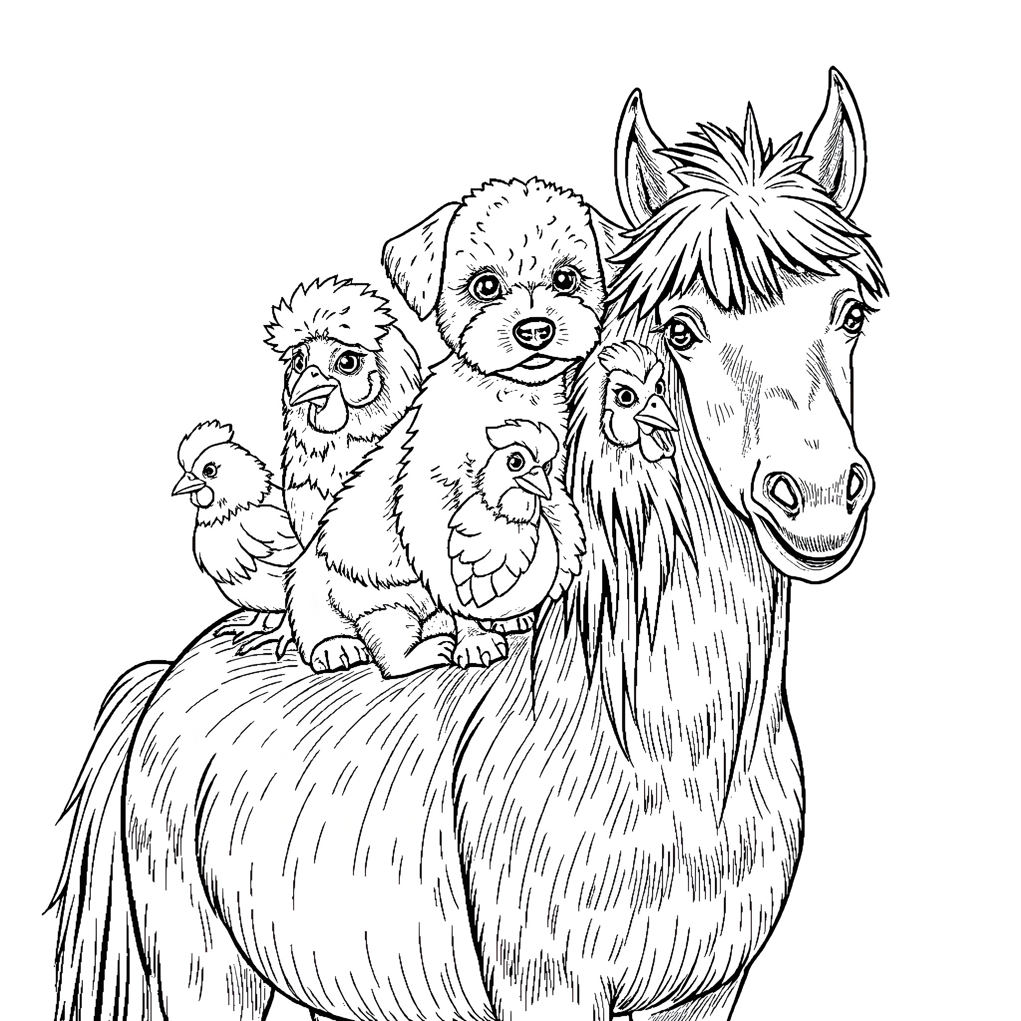 Poodle, Chick, and Horse Companions Coloring Page (free black-and-white line drawing printable PDF for all, from beginners to advanced learners, including children, teens, adults, and seniors)