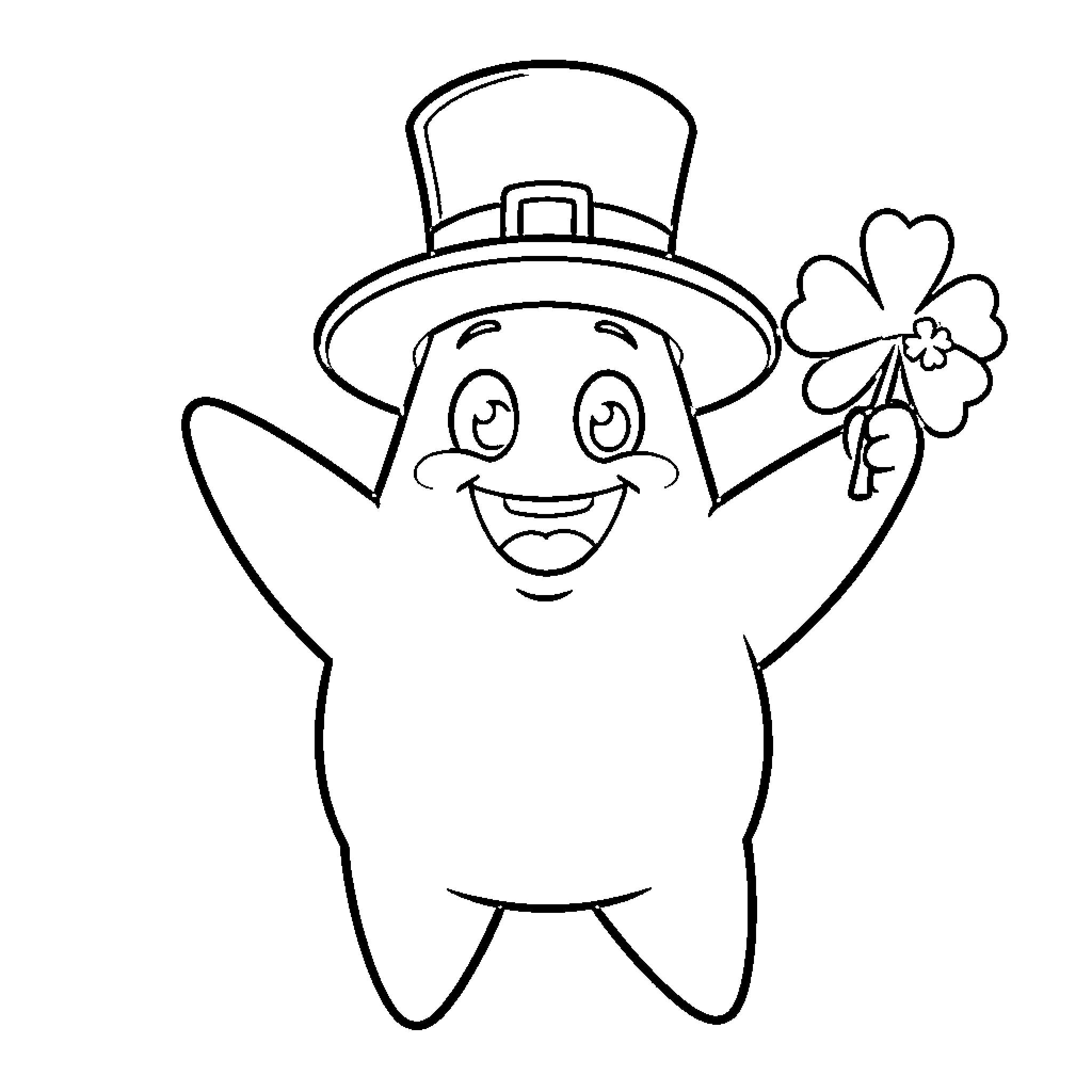 Patrick Star as a cheerful leprechaun with four-leaf clover Coloring Page (free black-and-white line drawing printable PDF for all, from beginners to advanced learners, including children, teens, adults, and seniors)
