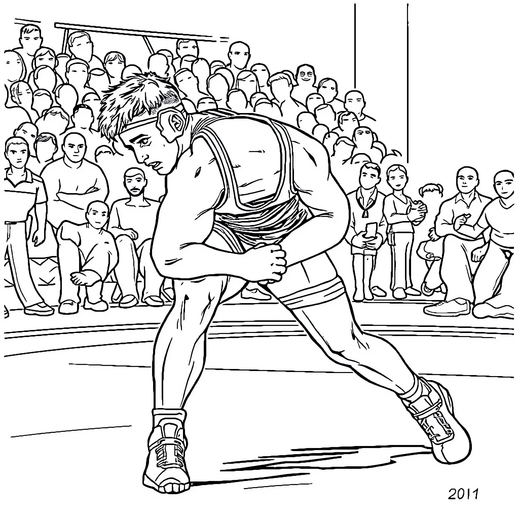 Devan Hendricks wrestling match in front of audience Coloring Page (free black-and-white line drawing printable PDF for all, from beginners to advanced learners, including children, teens, adults, and seniors)