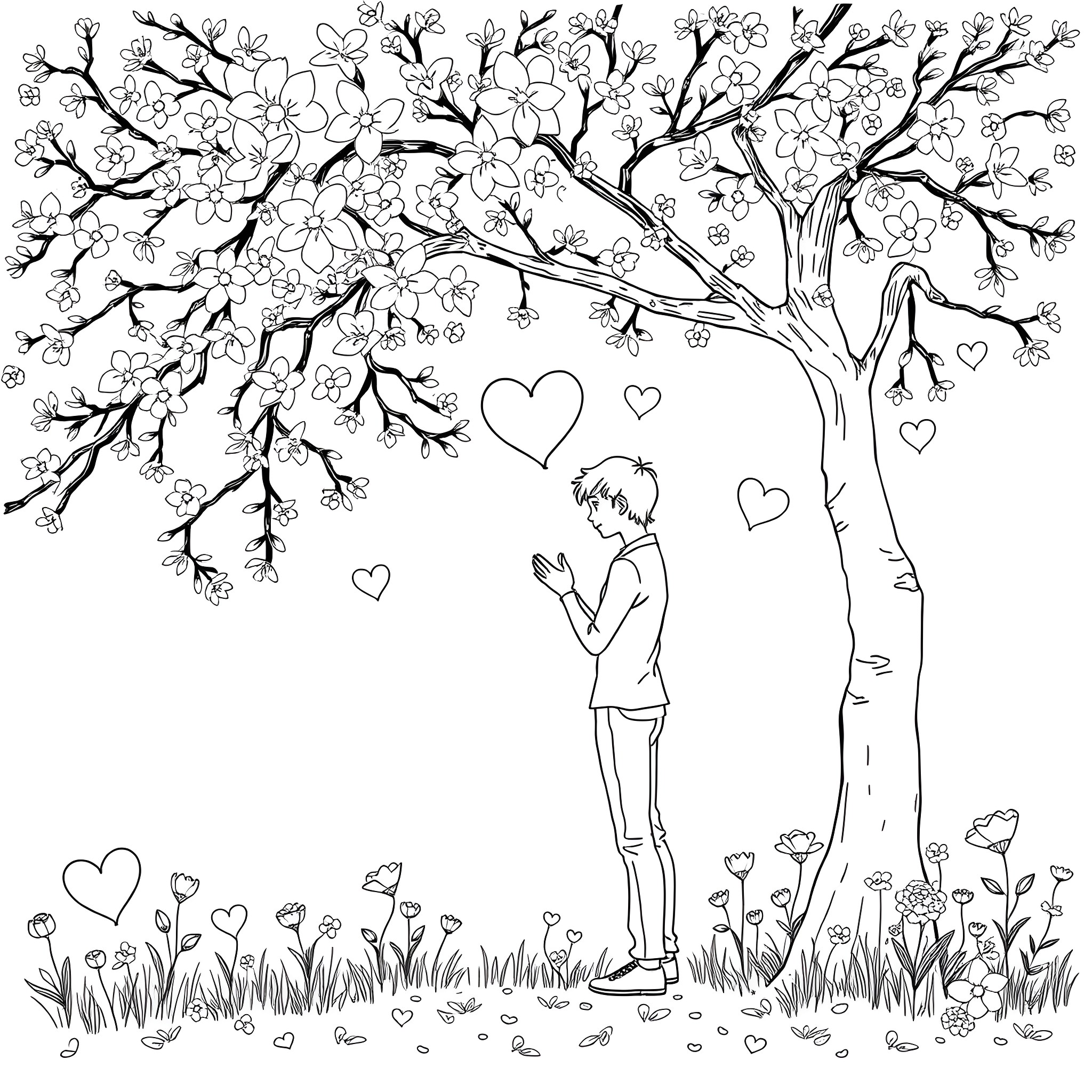 Love at the Blossoming Tree Coloring Page (free black-and-white line drawing printable PDF for all, from beginners to advanced learners, including children, teens, adults, and seniors)