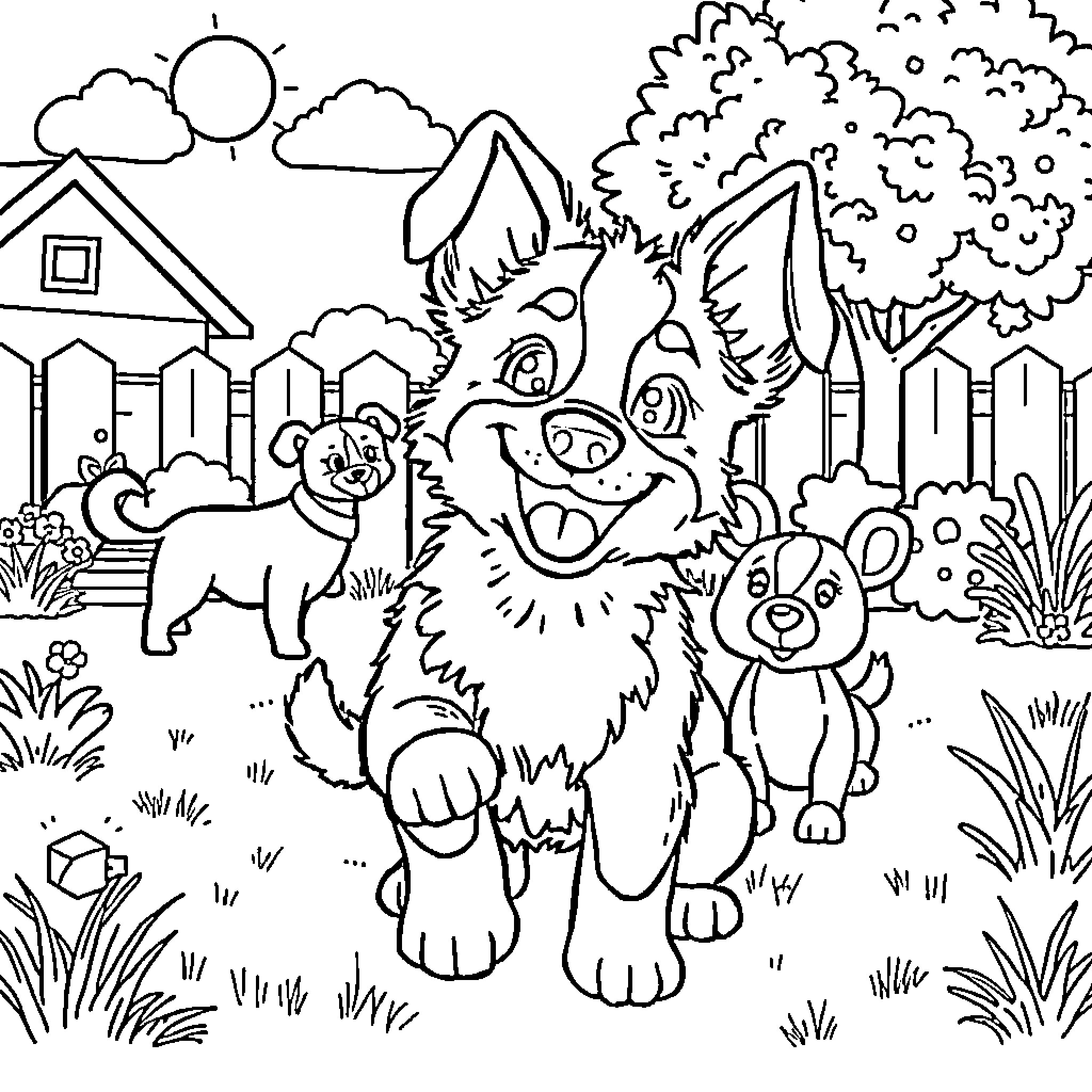 Bluey and friends playing in the backyard Coloring Page (free black-and-white line drawing printable PDF for all, from beginners to advanced learners, including children, teens, adults, and seniors)