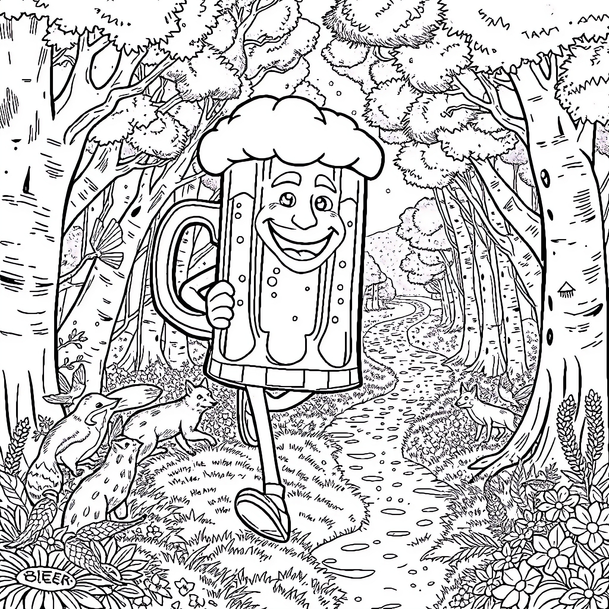 Beer Mug strolling through a whimsical forest scene Coloring Page (free black-and-white line drawing printable PDF for all, from beginners to advanced learners, including children, teens, adults, and seniors)