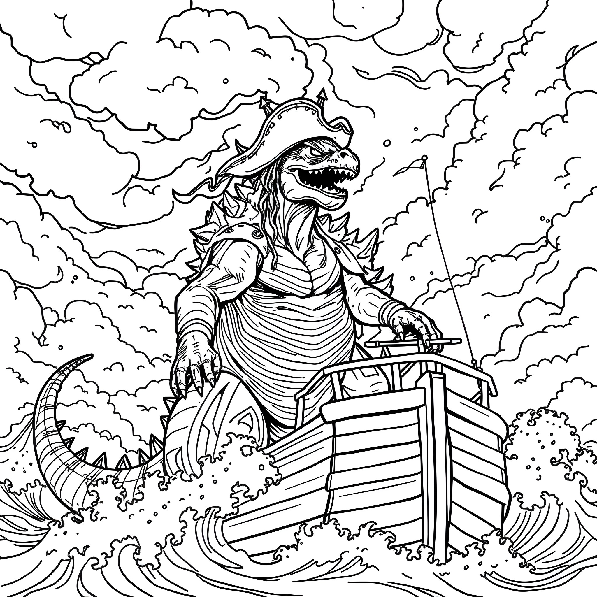 Godzilla rampaging through a stormy city Coloring Page (free black-and-white line drawing printable PDF for all, from beginners to advanced learners, including children, teens, adults, and seniors)