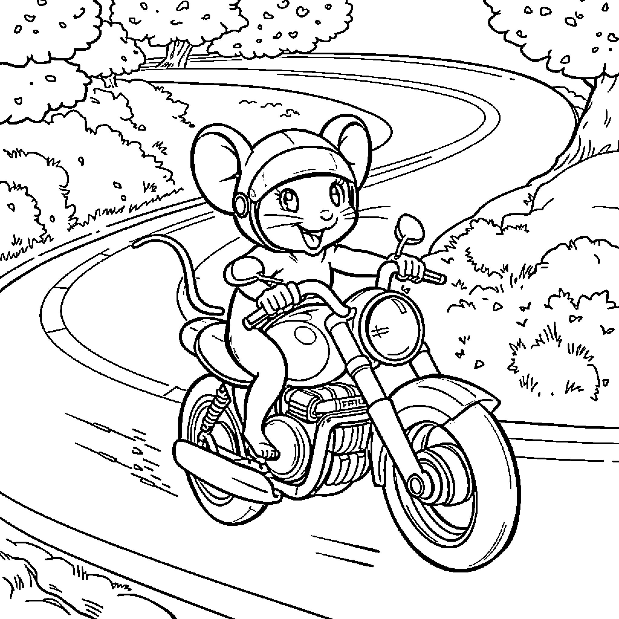 Mouse riding a motorcycle in the countryside Coloring Page (free black-and-white line drawing printable PDF for all, from beginners to advanced learners, including children, teens, adults, and seniors)