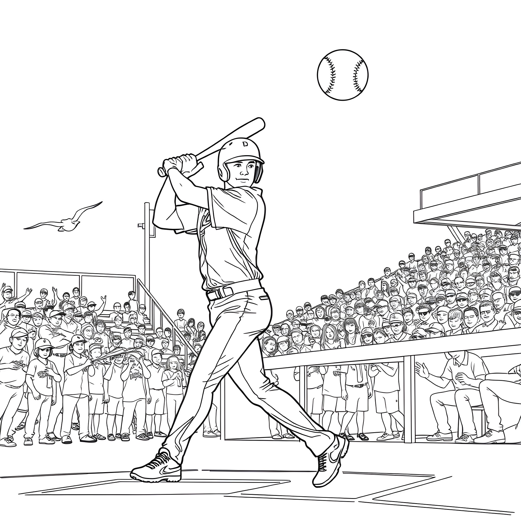 Austin Riley batting at the baseball stadium Coloring Page (free black-and-white line drawing printable PDF for all, from beginners to advanced learners, including children, teens, adults, and seniors)