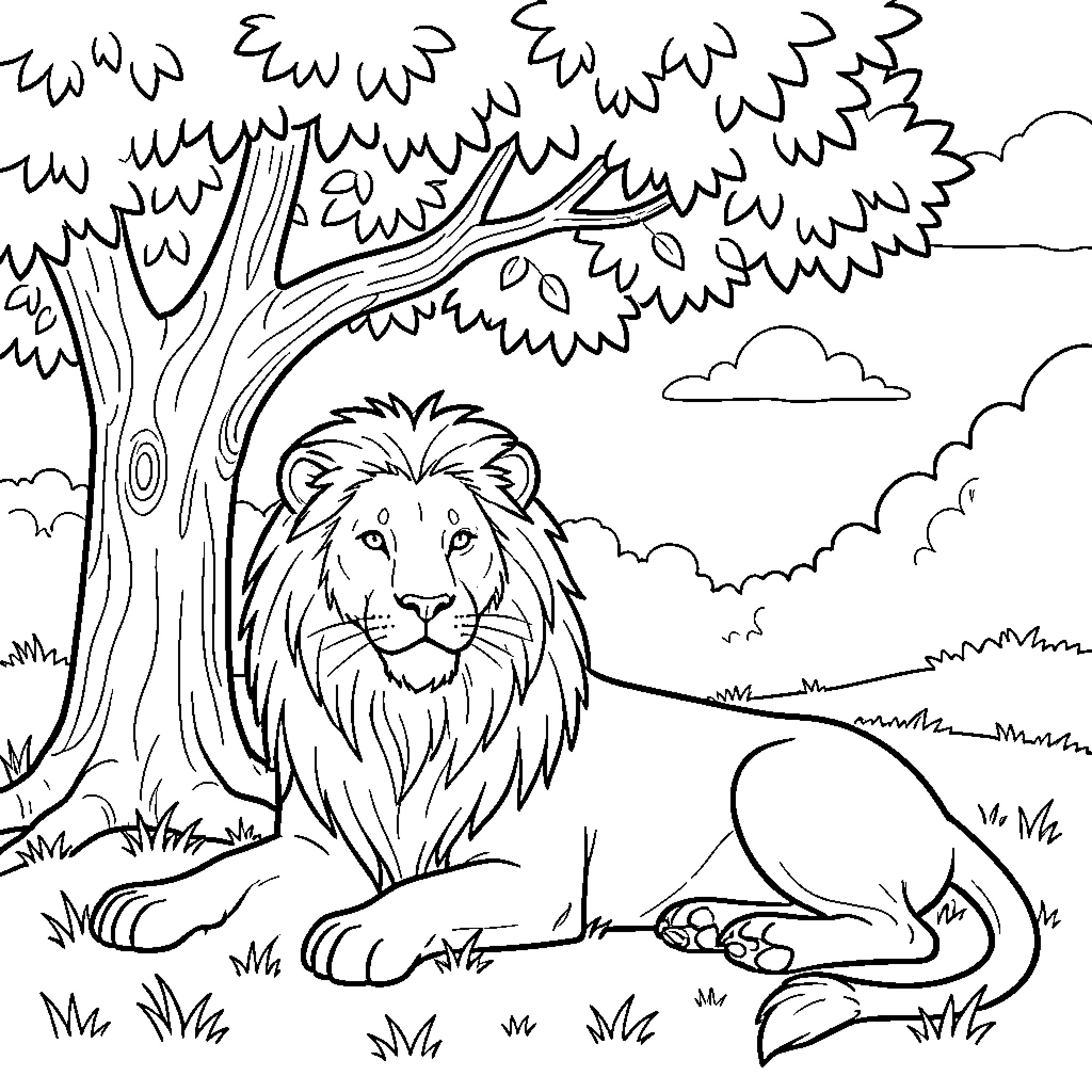 Lion relaxing under a tree in the wilderness Coloring Page (free black-and-white line drawing printable PDF for all, from beginners to advanced learners, including children, teens, adults, and seniors)