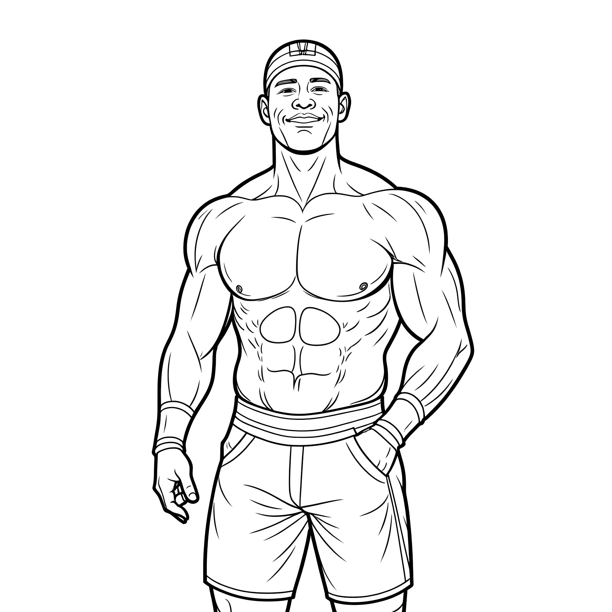 John Cena in athletic outfit and poses Coloring Page (free black-and-white line drawing printable PDF for all, from beginners to advanced learners, including children, teens, adults, and seniors)