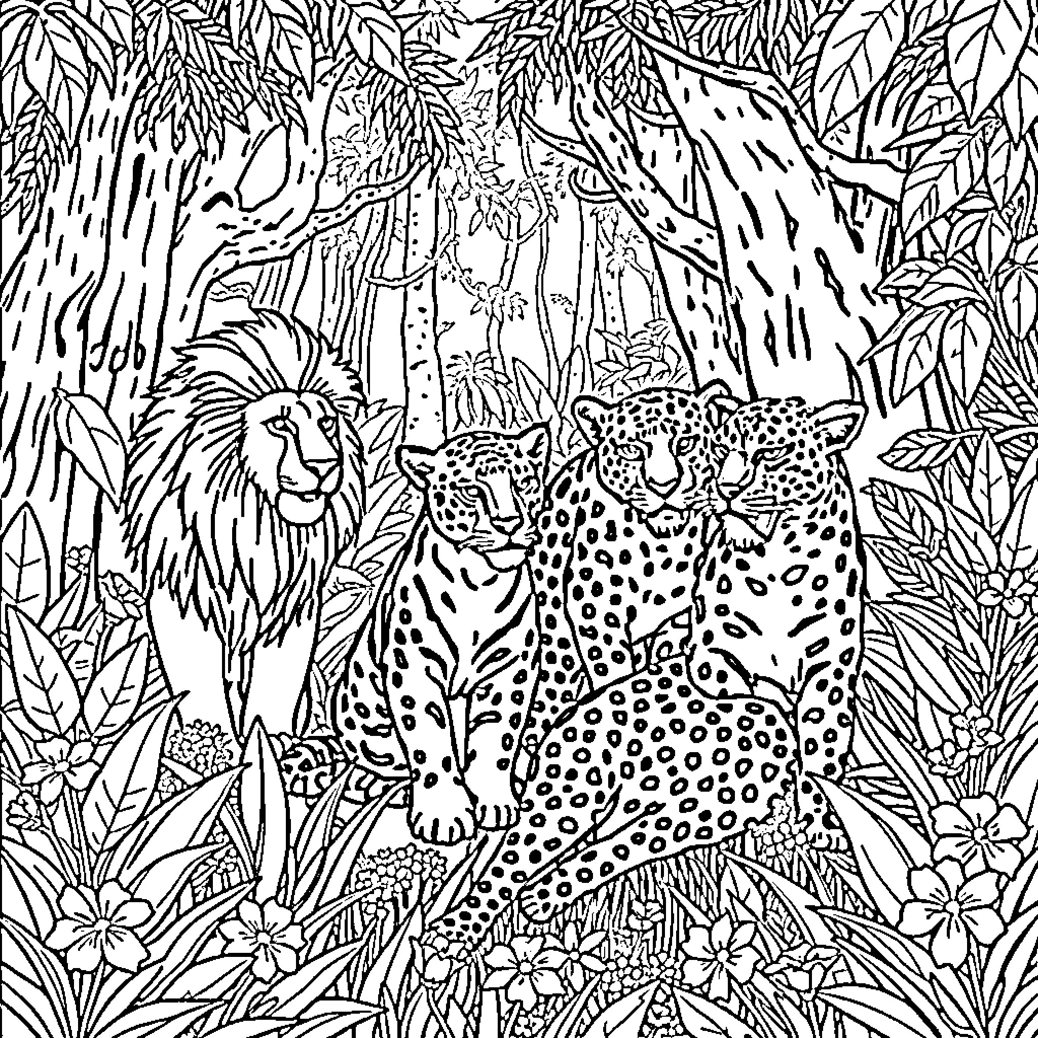 Big Cat Duo in Lush Jungle Undergrowth Coloring Page (free black-and-white line drawing printable PDF for all, from beginners to advanced learners, including children, teens, adults, and seniors)