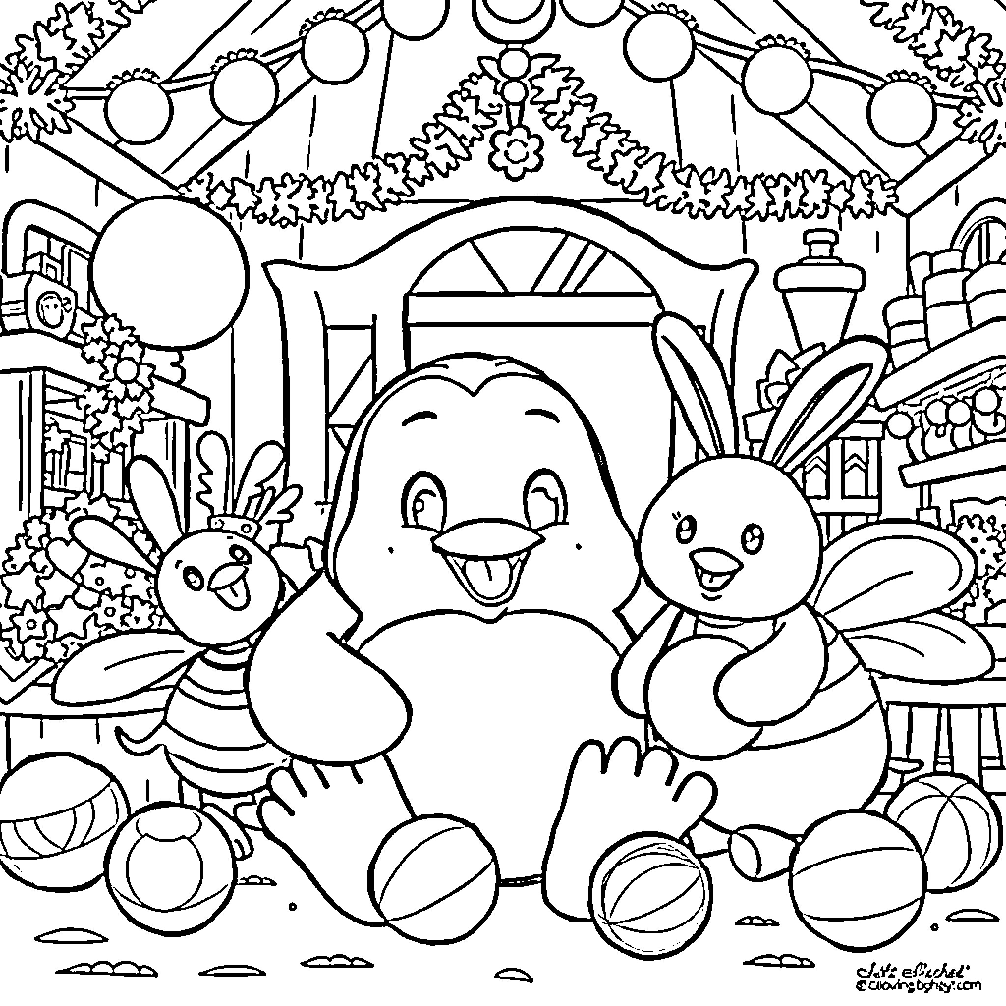 Penguin Friends Enjoying a Festive Celebration Coloring Page (free black-and-white line drawing printable PDF for all, from beginners to advanced learners, including children, teens, adults, and seniors)