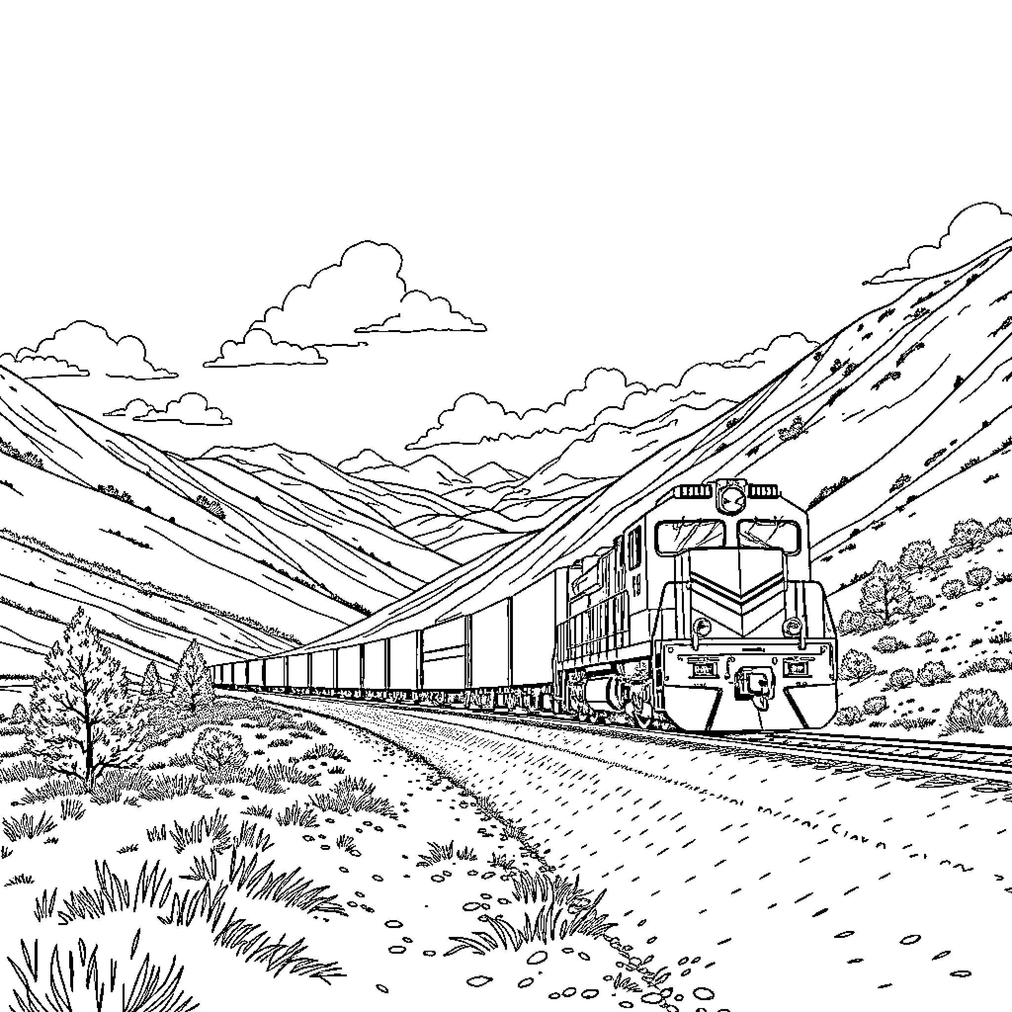 Train traveling through scenic mountain landscape Coloring Page (free black-and-white line drawing printable PDF for all, from beginners to advanced learners, including children, teens, adults, and seniors)