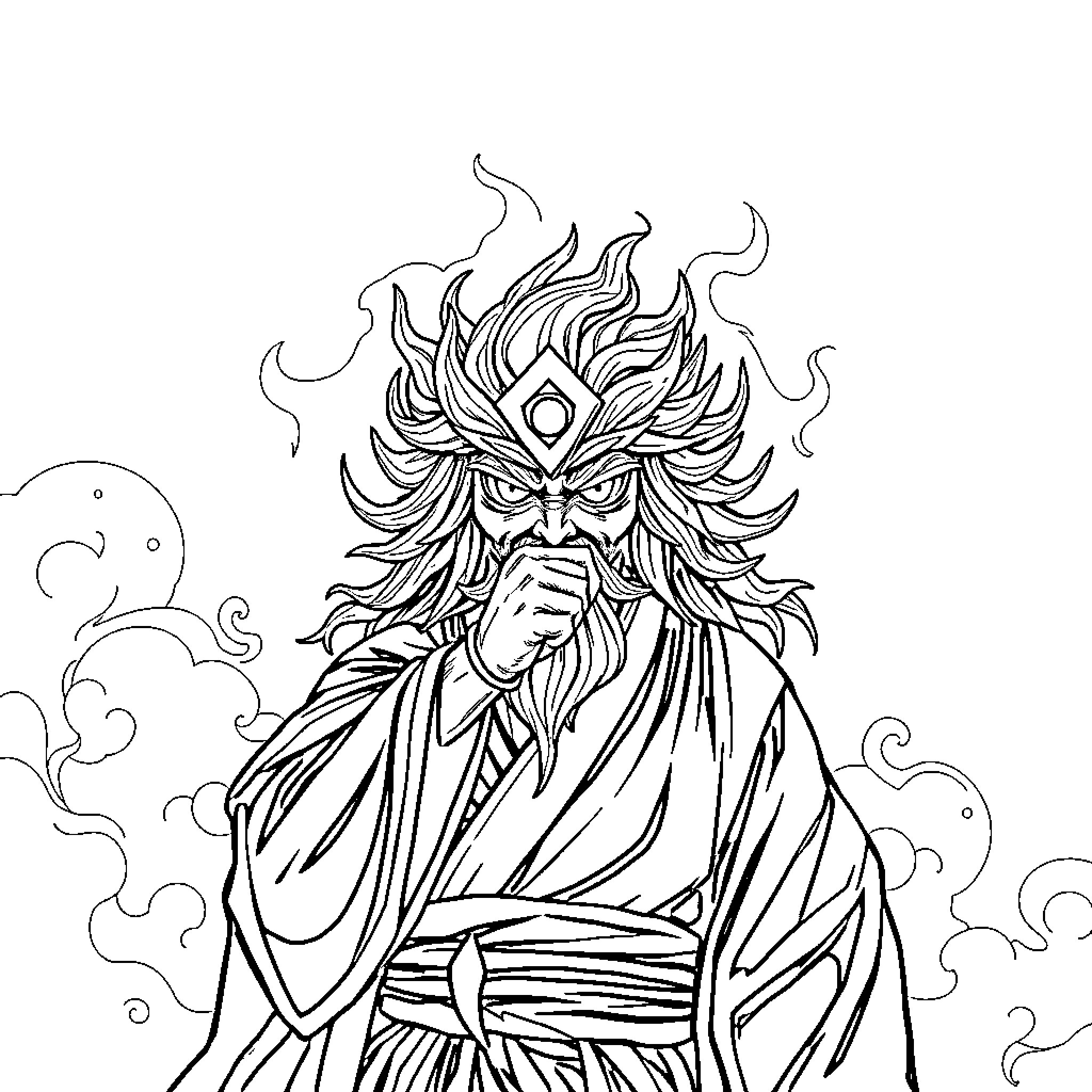 Ojo Sharingam: Fierce Warrior's Dramatic Pose Coloring Page (free black-and-white line drawing printable PDF for all, from beginners to advanced learners, including children, teens, adults, and seniors)