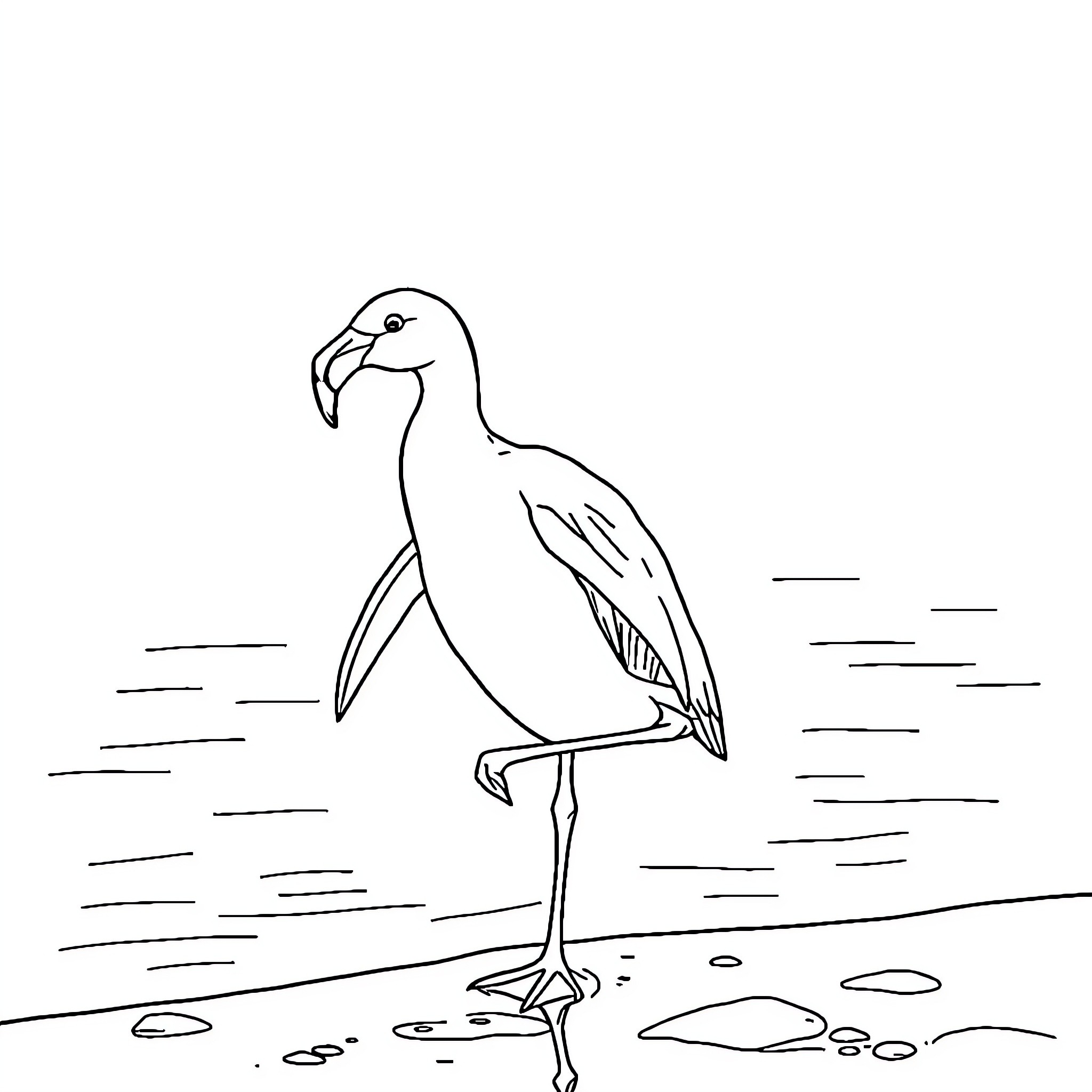 Flamingo standing gracefully on the shoreline Coloring Page (free black-and-white line drawing printable PDF for all, from beginners to advanced learners, including children, teens, adults, and seniors)
