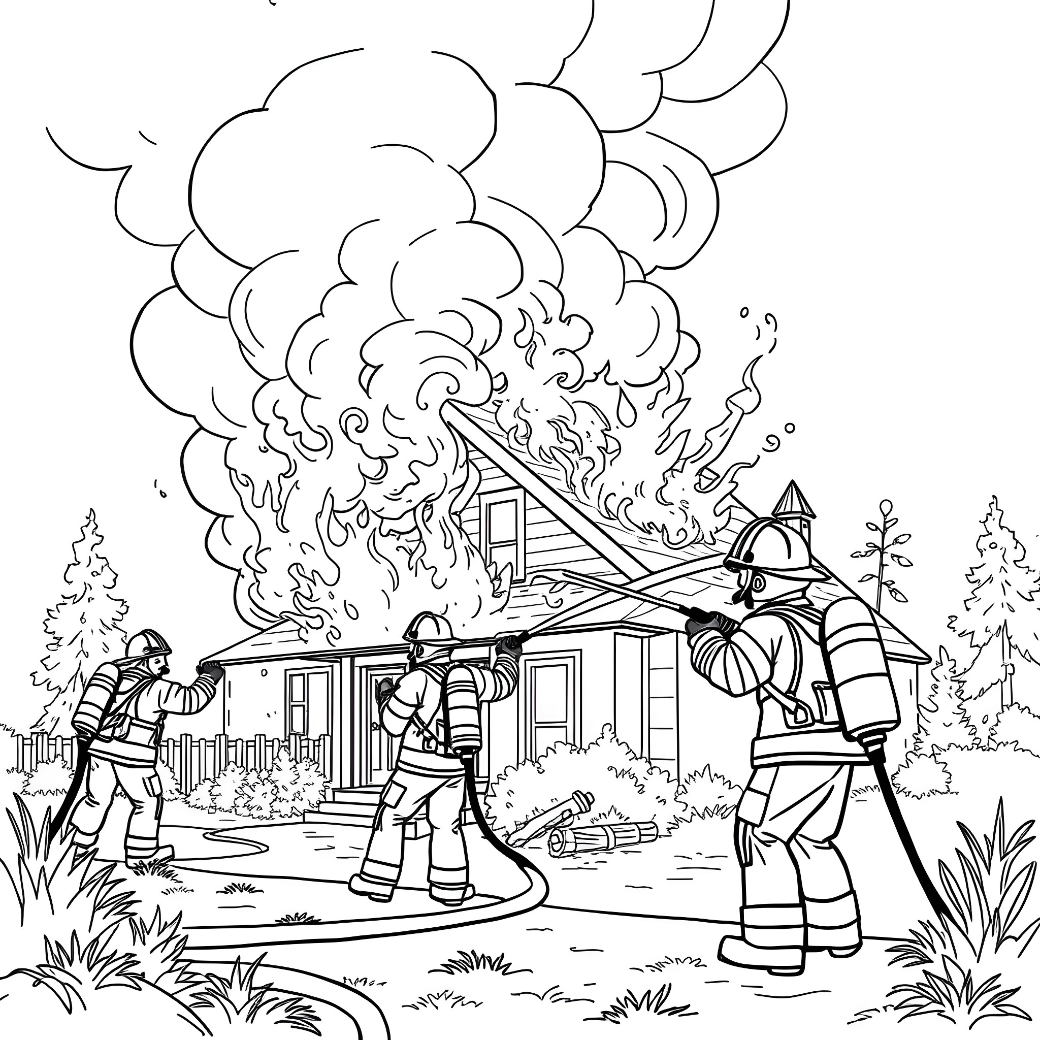 House on fire with firefighters battling the blaze Coloring Page (free black-and-white line drawing printable PDF for all, from beginners to advanced learners, including children, teens, adults, and seniors)