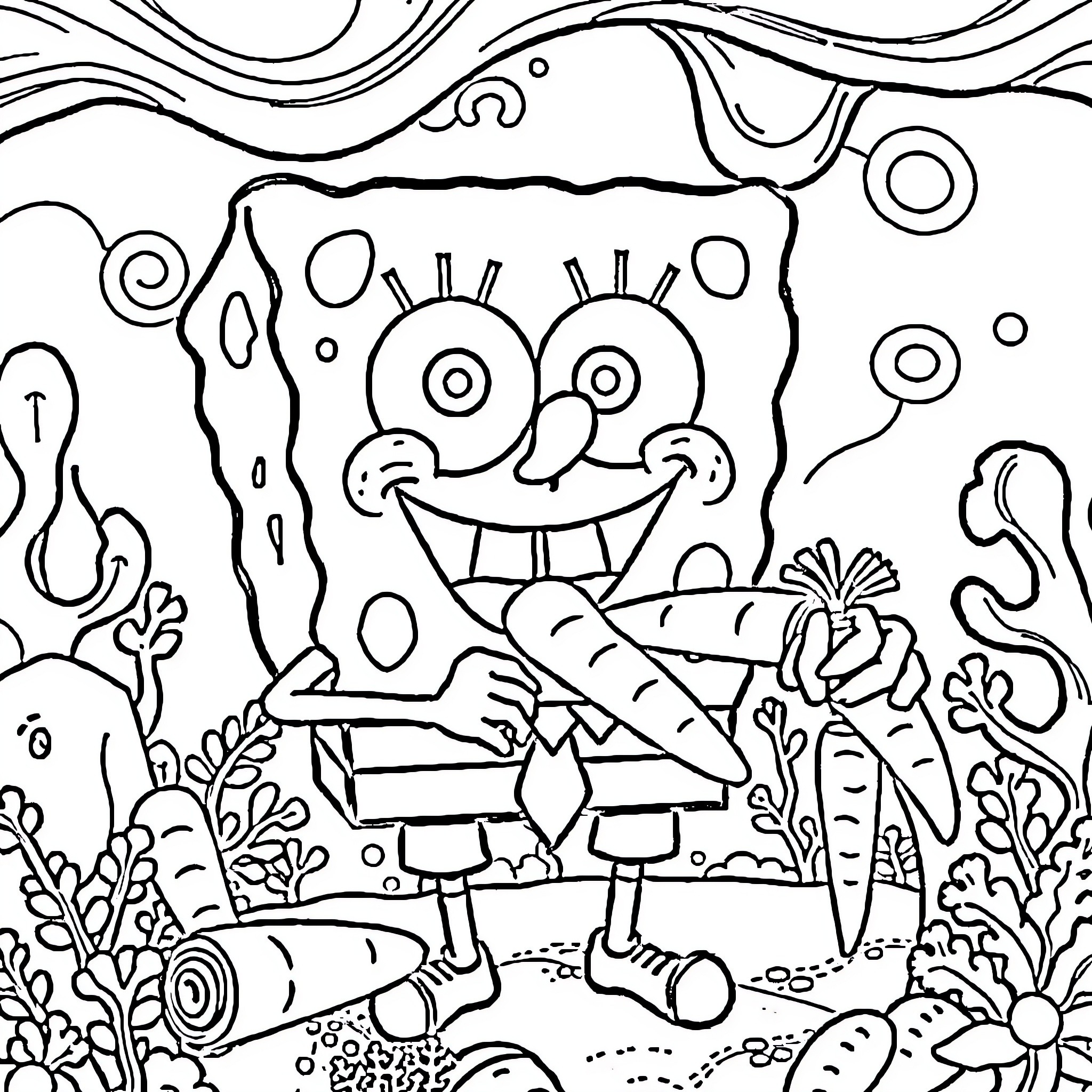 Spongebob in a whimsical, nature-filled scene Coloring Page (free black-and-white line drawing printable PDF for all, from beginners to advanced learners, including children, teens, adults, and seniors)
