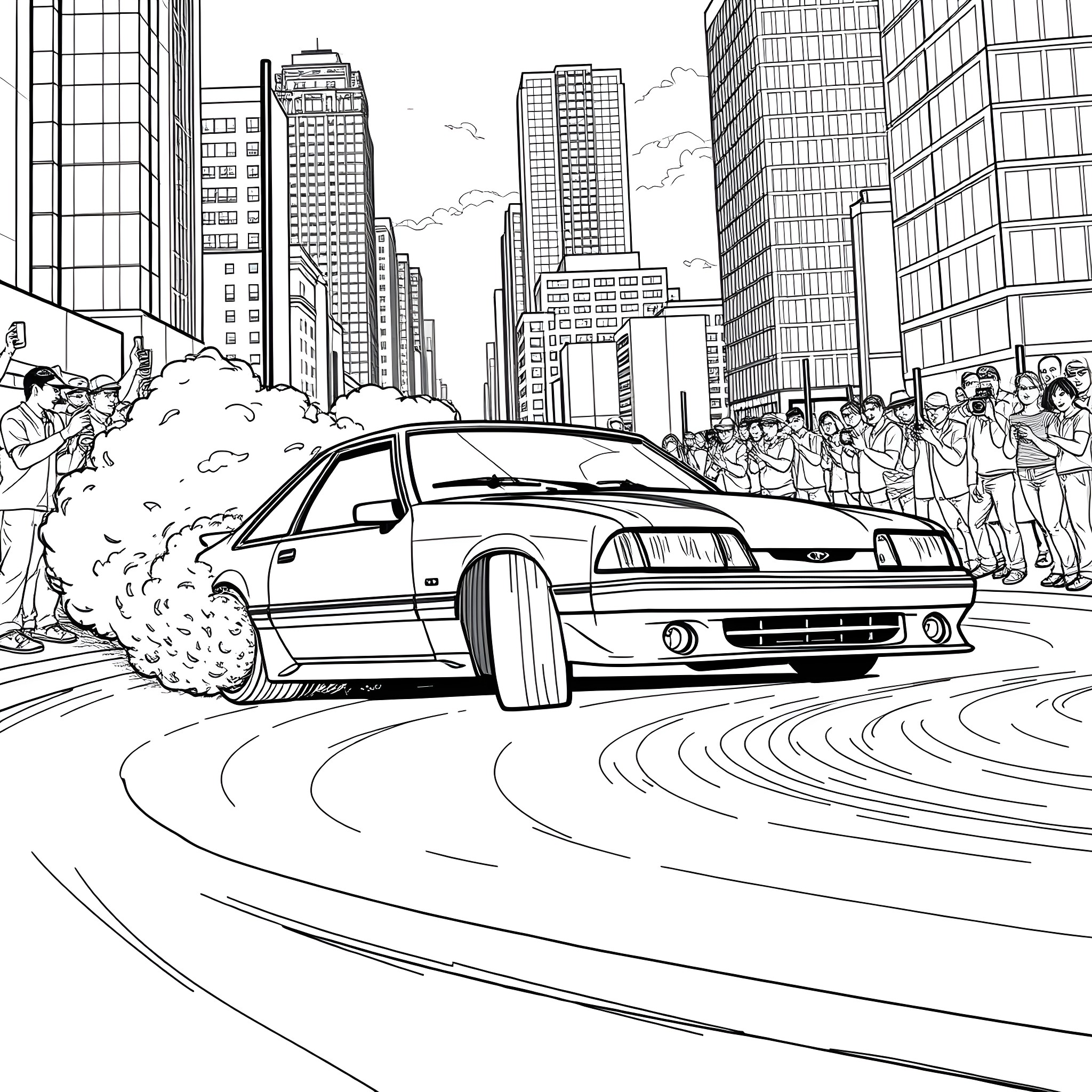 Ford Mustang racing through busy city streets Coloring Page (free black-and-white line drawing printable PDF for all, from beginners to advanced learners, including children, teens, adults, and seniors)