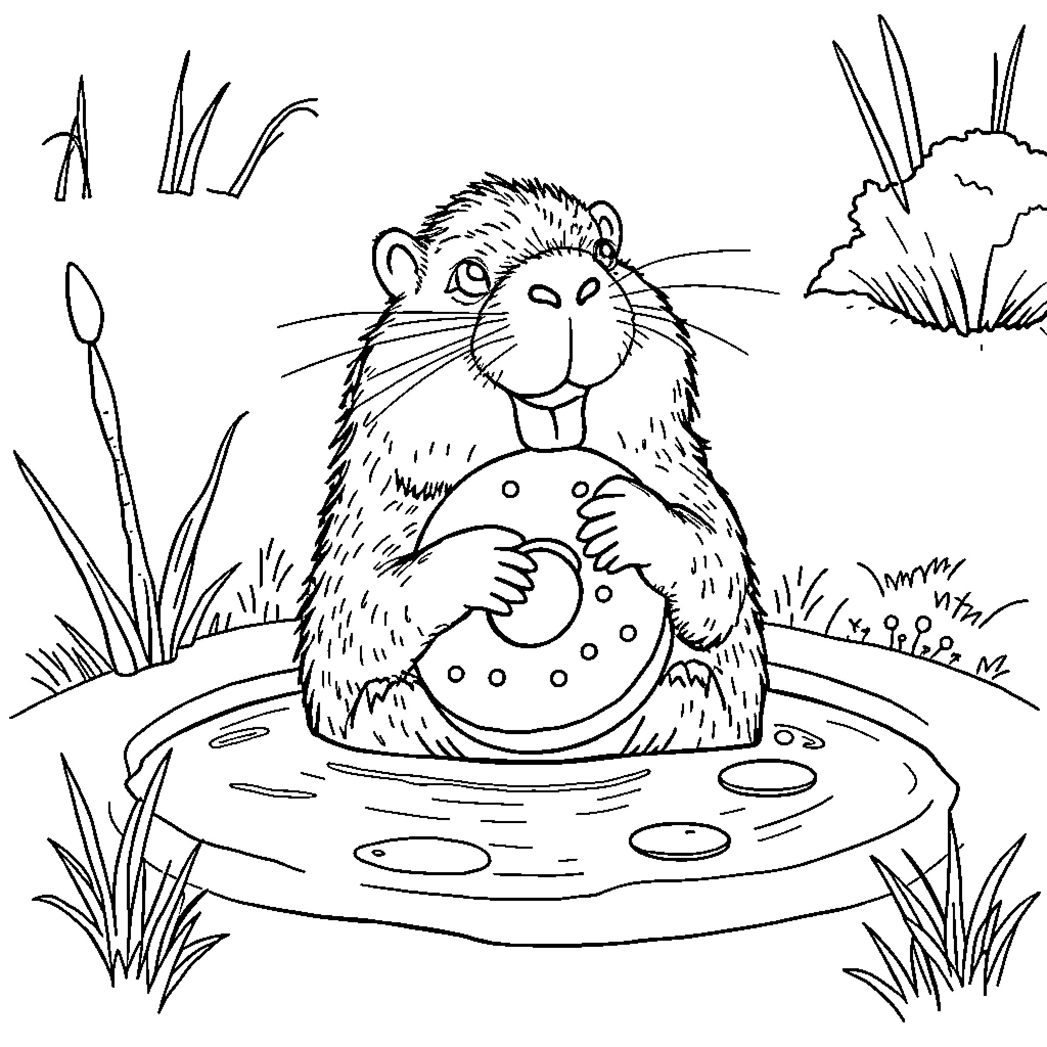 Capybara enjoying a snack in the water Coloring Page (free black-and-white line drawing printable PDF for all, from beginners to advanced learners, including children, teens, adults, and seniors)