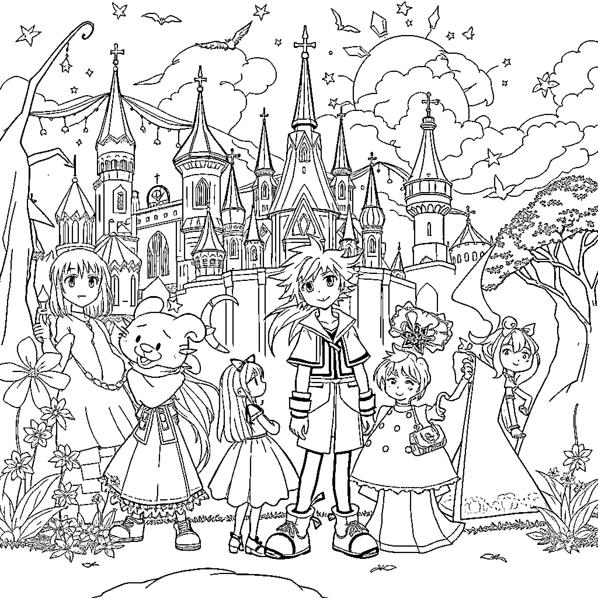 Kingdom Hearts: Characters Exploring Magical Castle and Garden Coloring Page (free black-and-white line drawing printable PDF for all, from beginners to advanced learners, including children, teens, adults, and seniors)