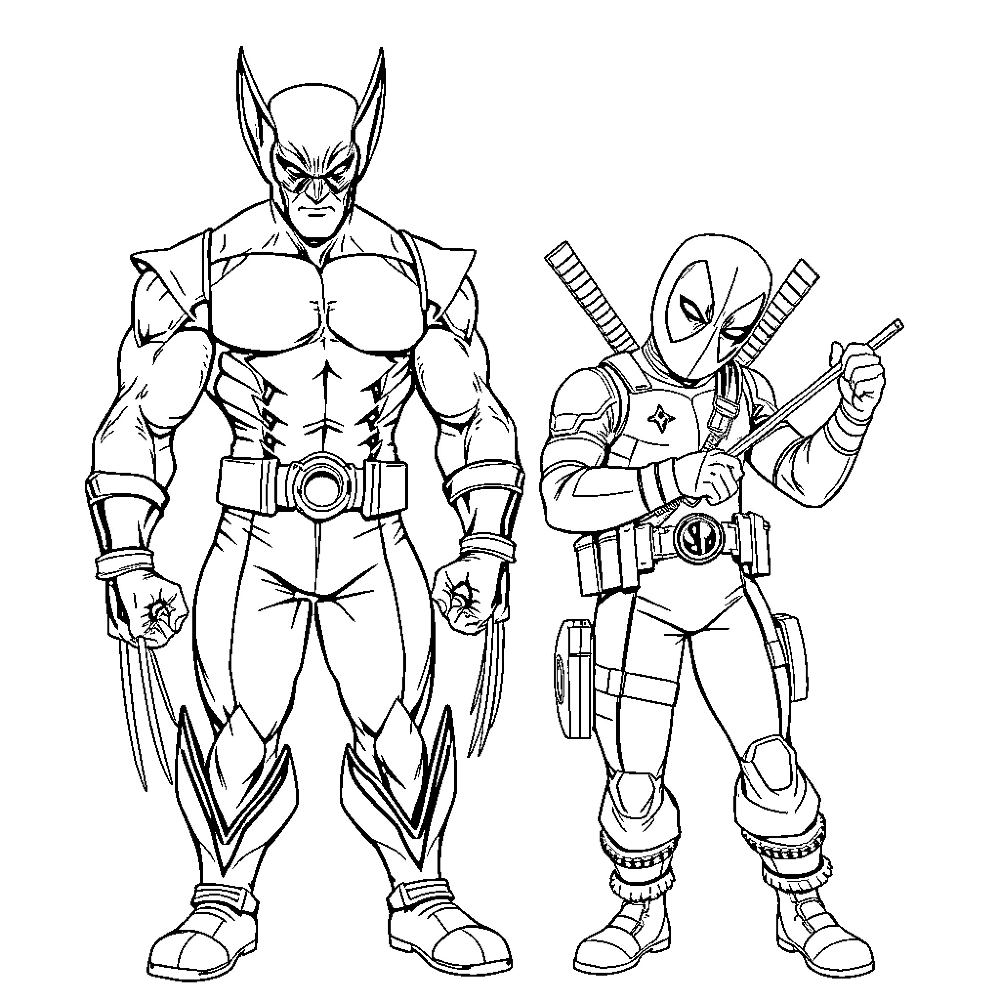 Wolverine and Deadpool in Action-Packed Poses Coloring Page (free black-and-white line drawing printable PDF for all, from beginners to advanced learners, including children, teens, adults, and seniors)