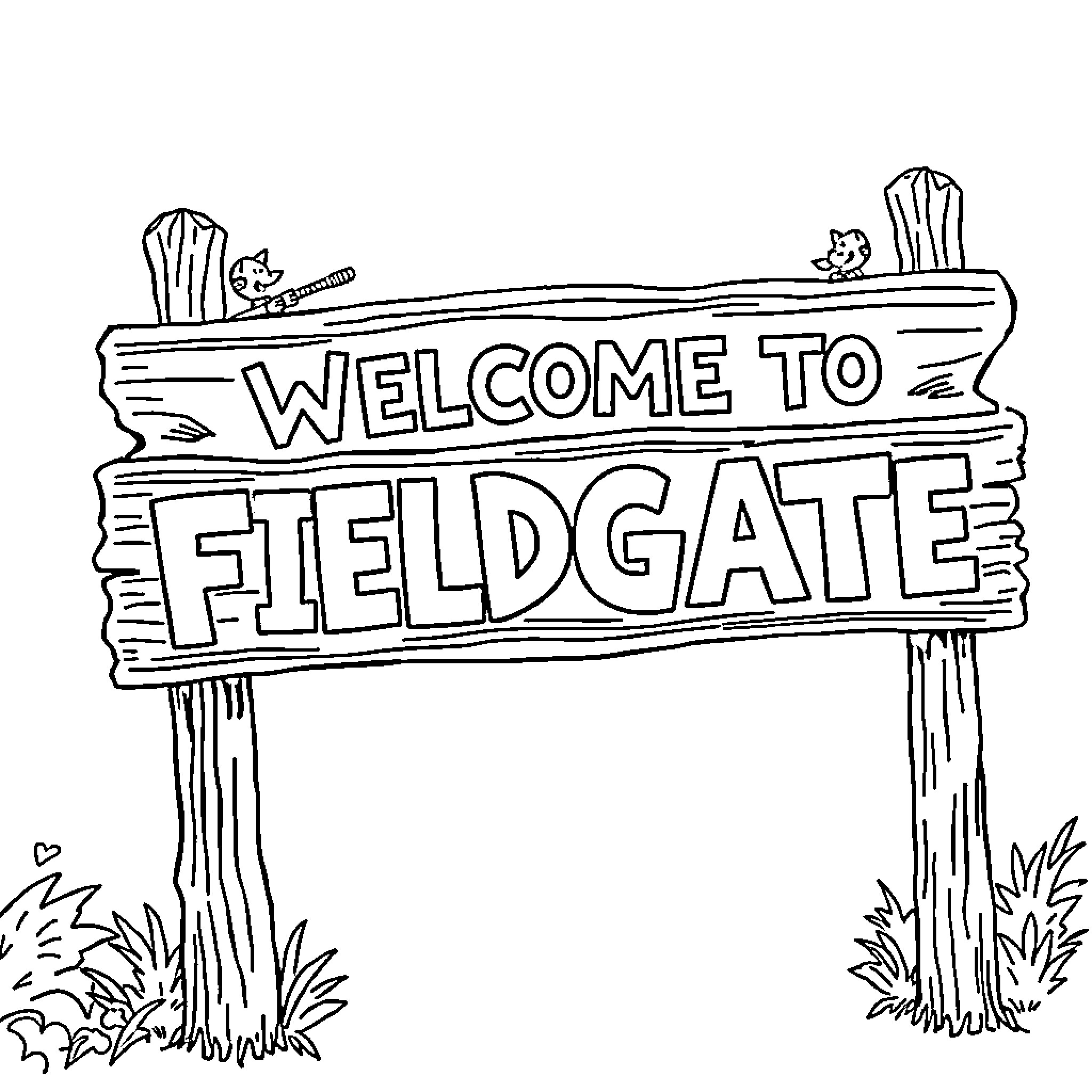 Lettering sign welcoming to Fieldgate Coloring Page (free black-and-white line drawing printable PDF for all, from beginners to advanced learners, including children, teens, adults, and seniors)