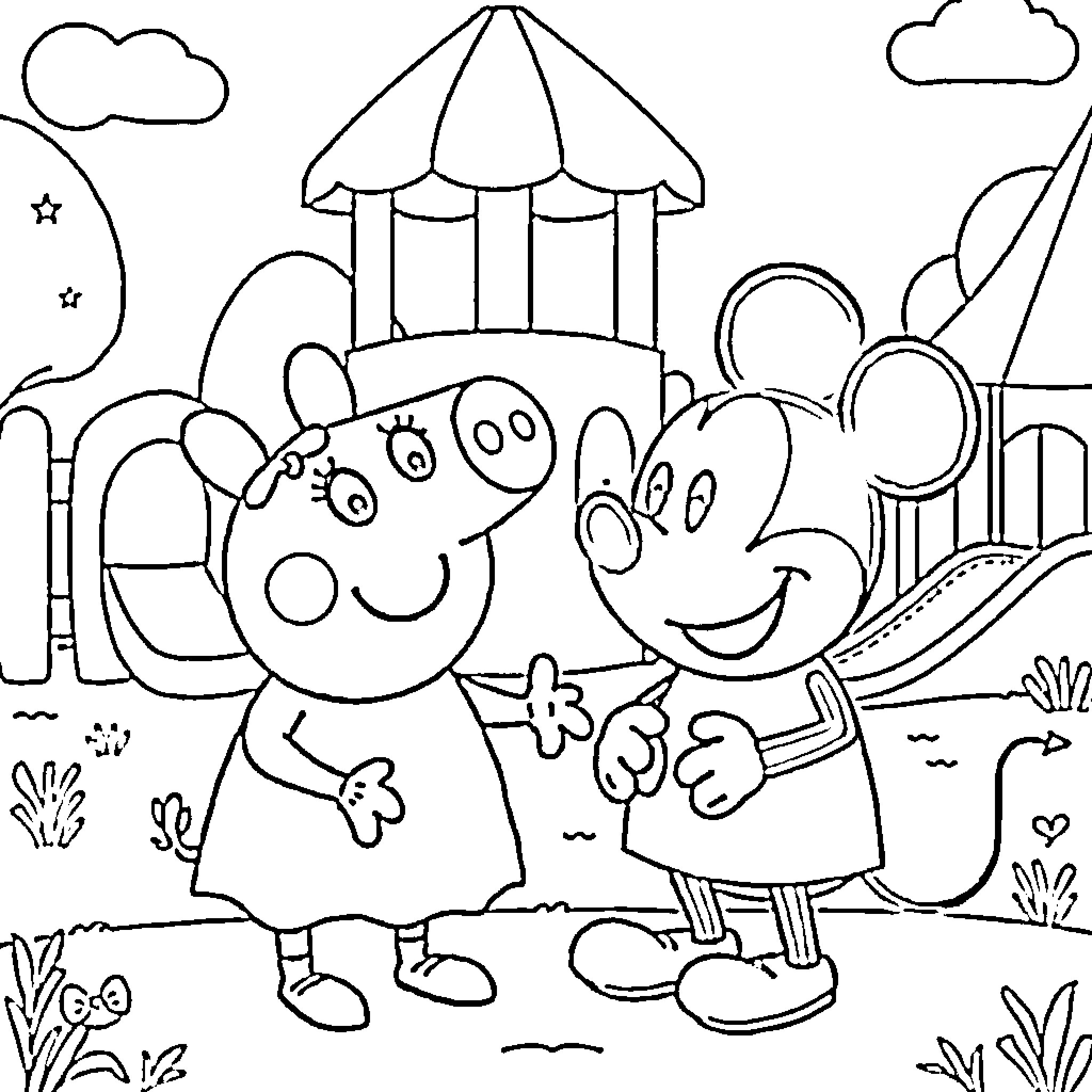Peppa and Mickey enjoying a day at the park Coloring Page (free black-and-white line drawing printable PDF for all, from beginners to advanced learners, including children, teens, adults, and seniors)