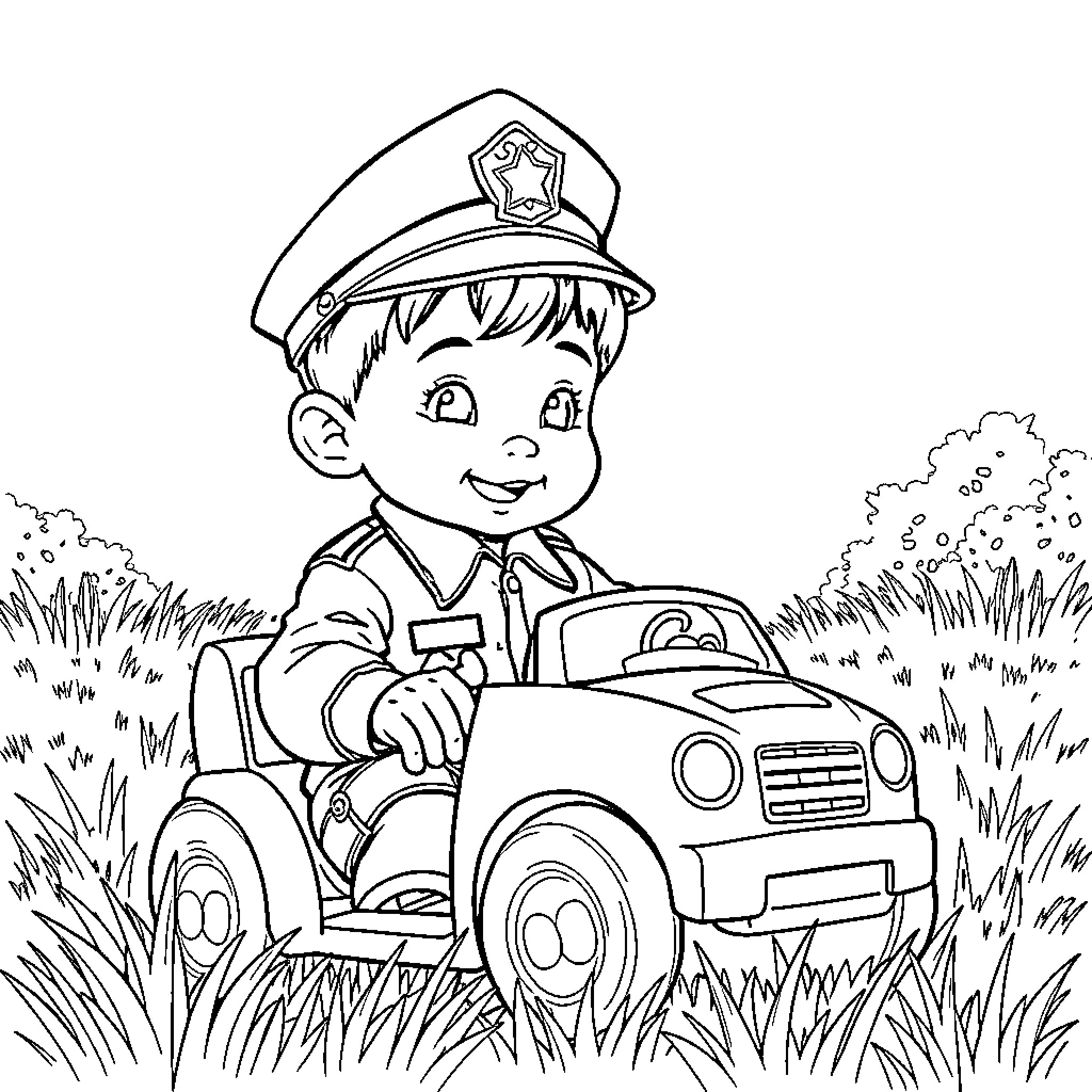 Boy driving toy car in grassy field Coloring Page (free black-and-white line drawing printable PDF for all, from beginners to advanced learners, including children, teens, adults, and seniors)