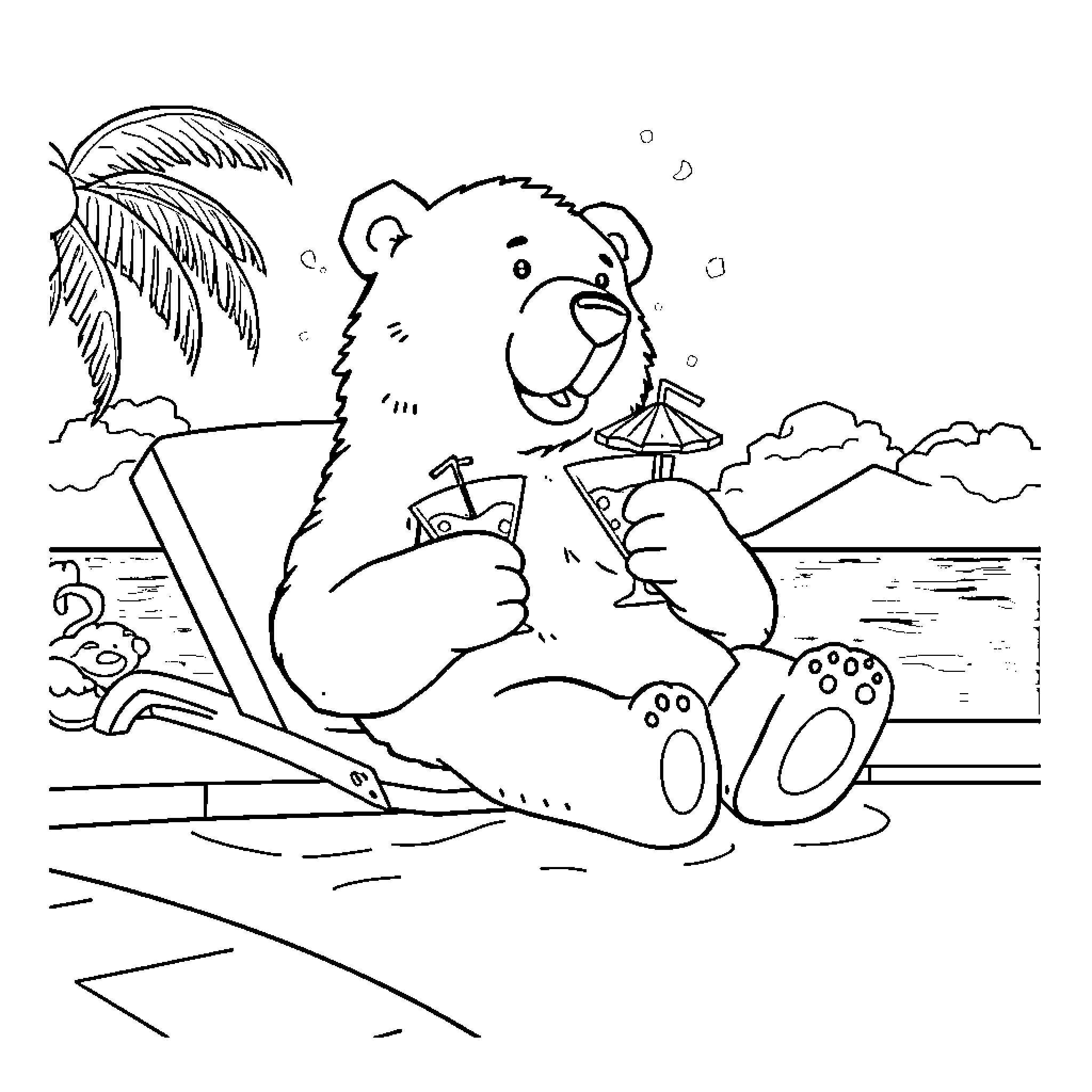Icebear relaxing on the beach with a tropical drink Coloring Page (free black-and-white line drawing printable PDF for all, from beginners to advanced learners, including children, teens, adults, and seniors)