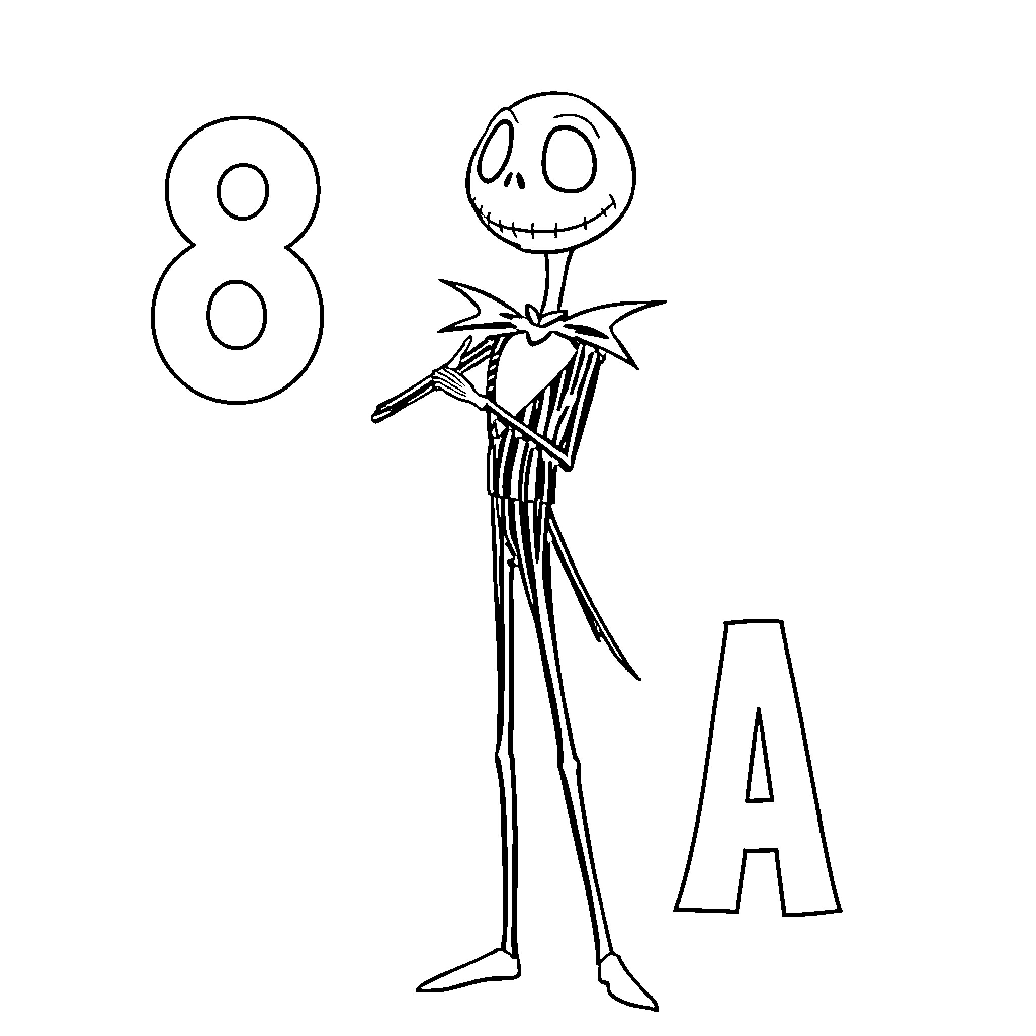 Jack Skellington posing with the number 8 Coloring Page (free black-and-white line drawing printable PDF for all, from beginners to advanced learners, including children, teens, adults, and seniors)
