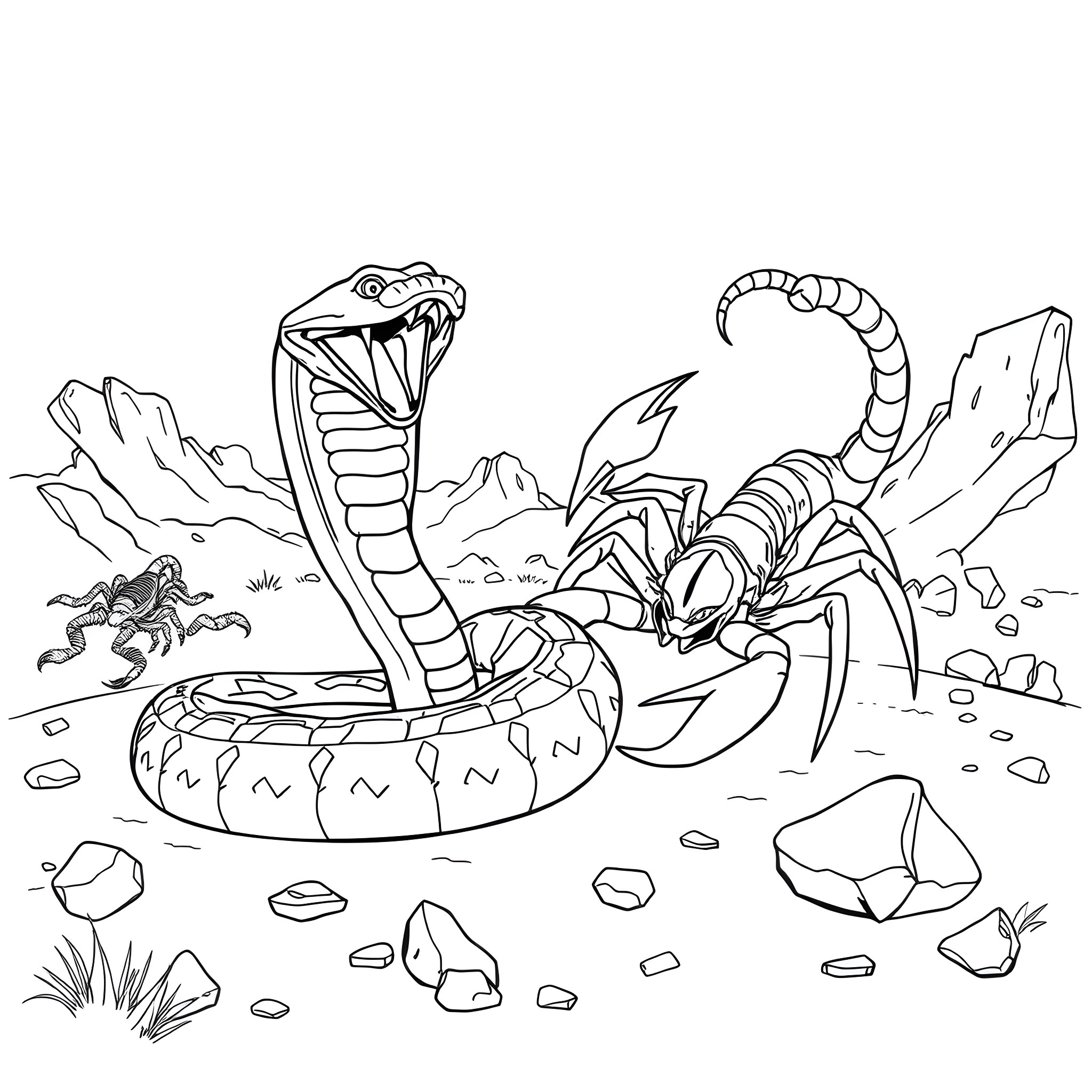 Rattlesnake confronting a scorpion in the desert Coloring Page (free black-and-white line drawing printable PDF for all, from beginners to advanced learners, including children, teens, adults, and seniors)