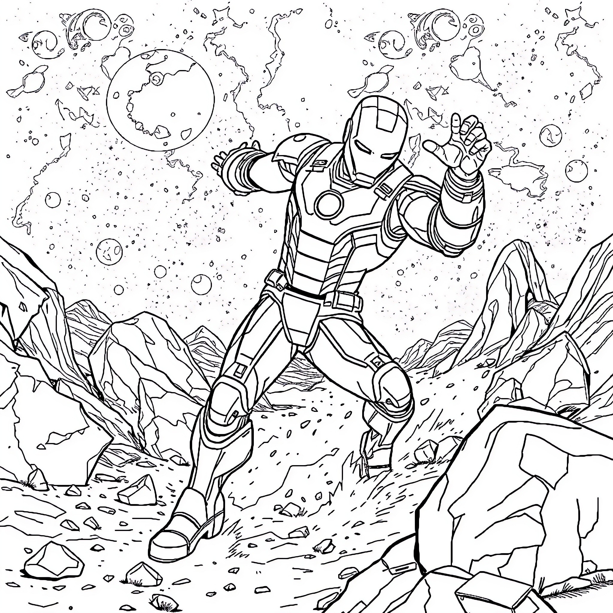 Iron Man Exploring the Alien Planet Coloring Page (free black-and-white line drawing printable PDF for all, from beginners to advanced learners, including children, teens, adults, and seniors)
