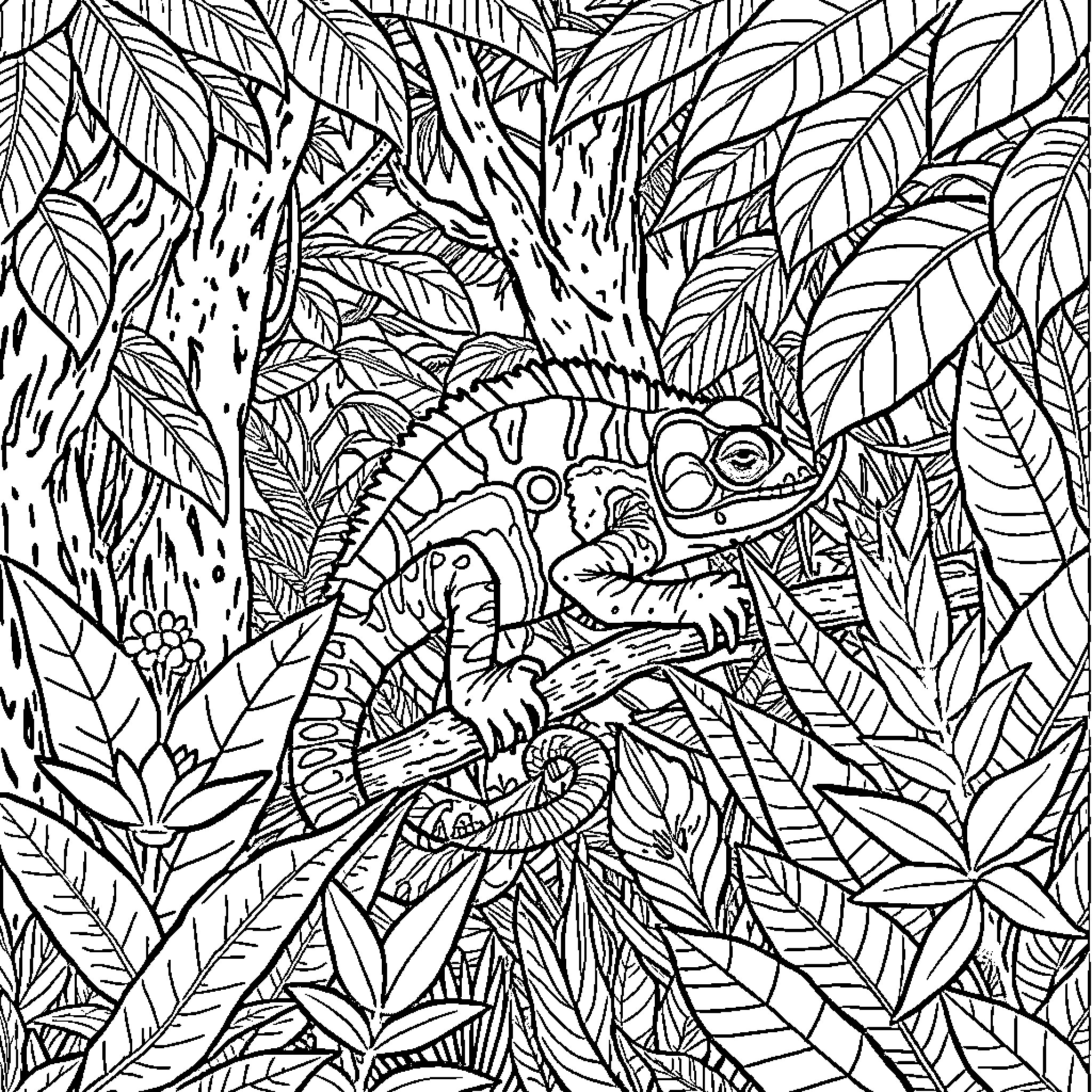 Chameleon exploring vibrant jungle foliage Coloring Page (free black-and-white line drawing printable PDF for all, from beginners to advanced learners, including children, teens, adults, and seniors)
