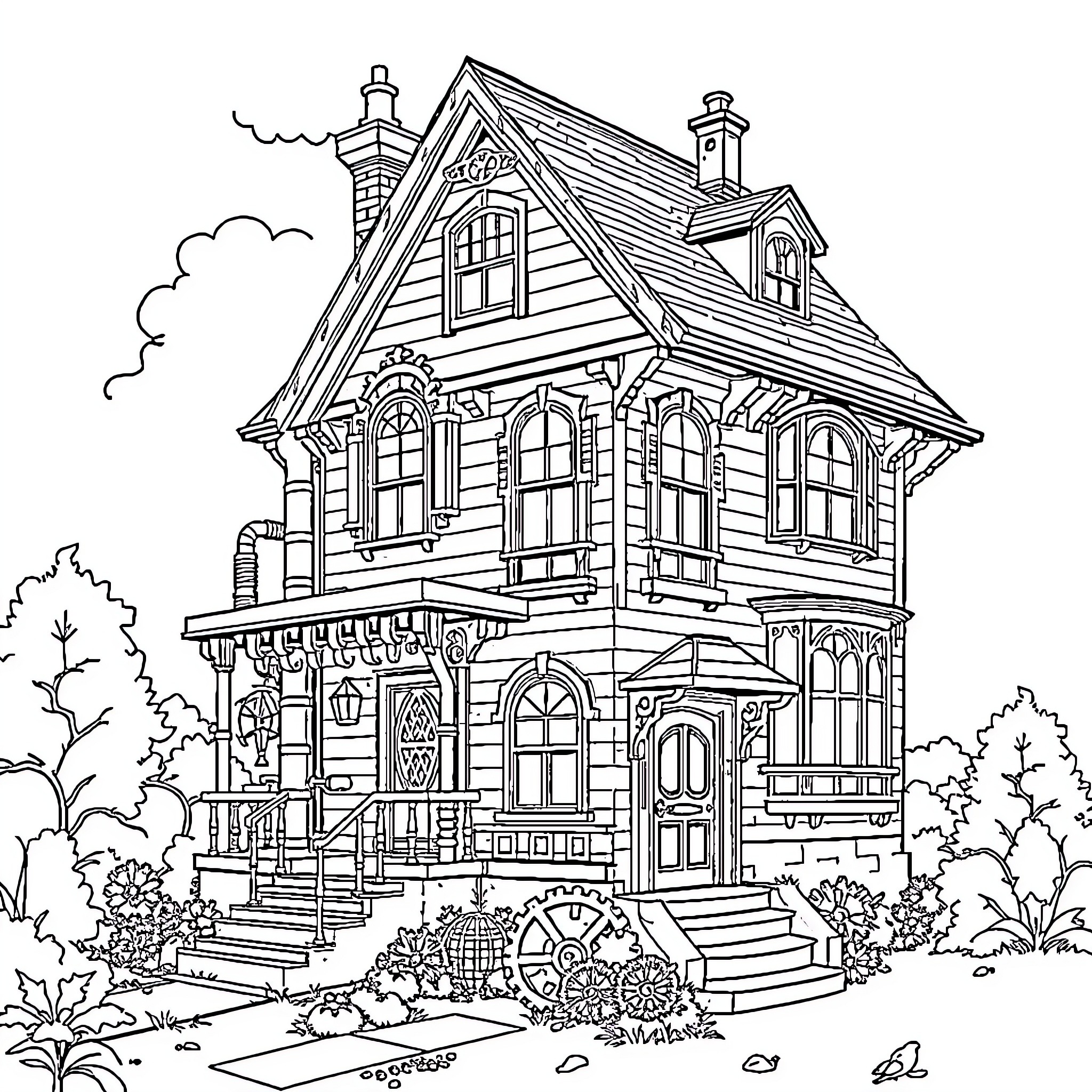 Steampunk House with Elaborate Architecture and Details Coloring Page (free black-and-white line drawing printable PDF for all, from beginners to advanced learners, including children, teens, adults, and seniors)