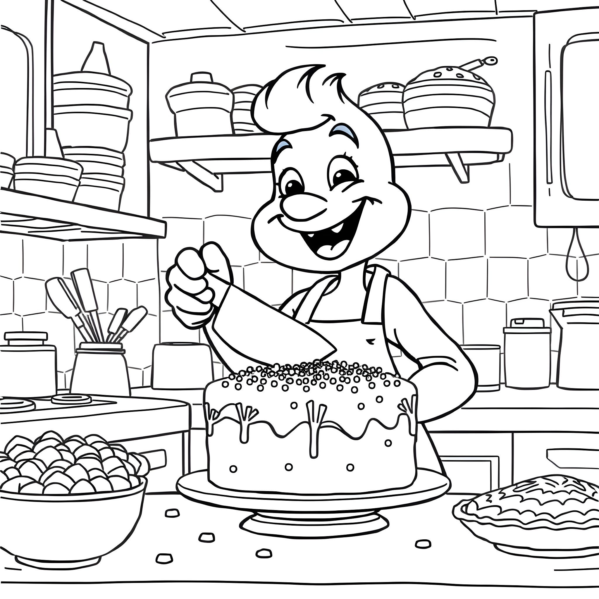 Bluey Happily Baking in the Kitchen Coloring Page (free black-and-white line drawing printable PDF for all, from beginners to advanced learners, including children, teens, adults, and seniors)