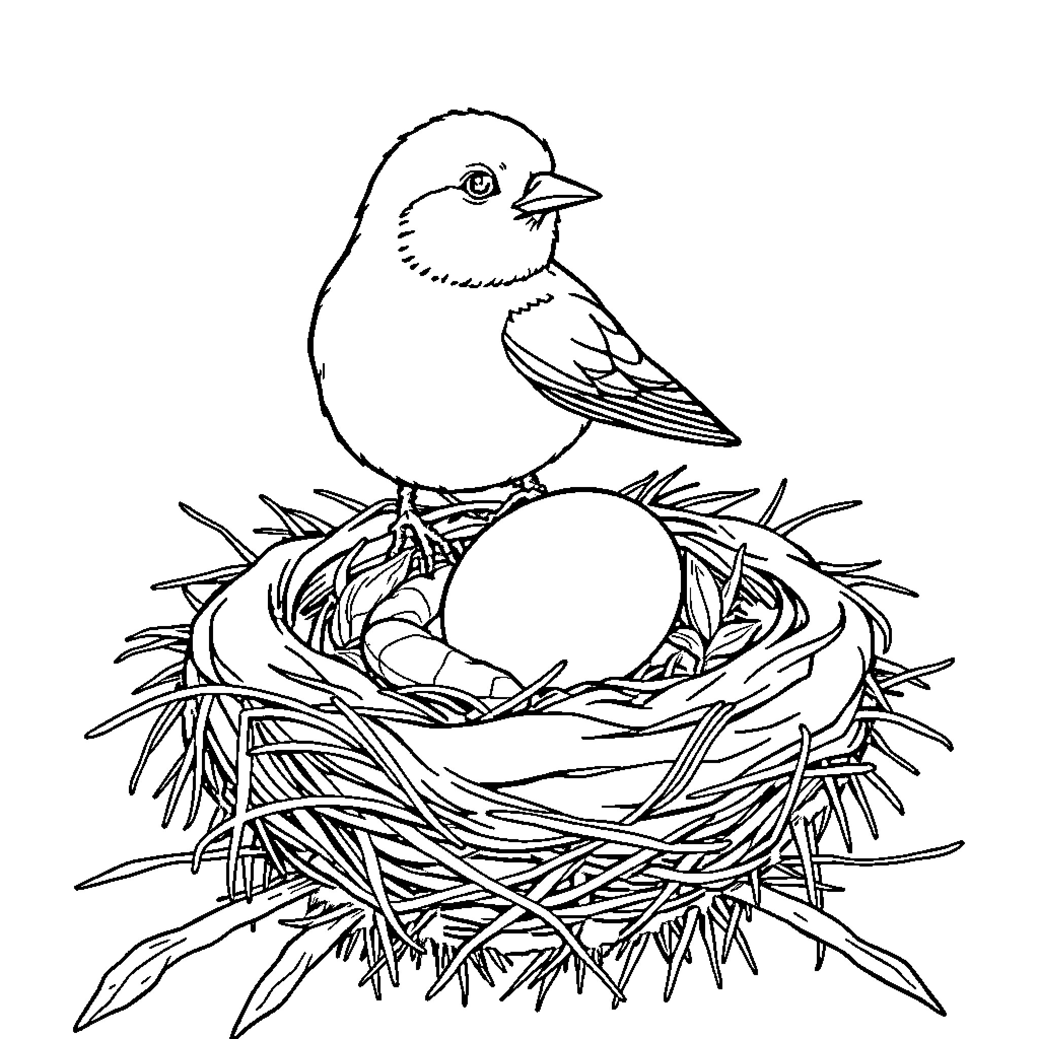 Bird tending to its nest and eggs Coloring Page (free black-and-white line drawing printable PDF for all, from beginners to advanced learners, including children, teens, adults, and seniors)