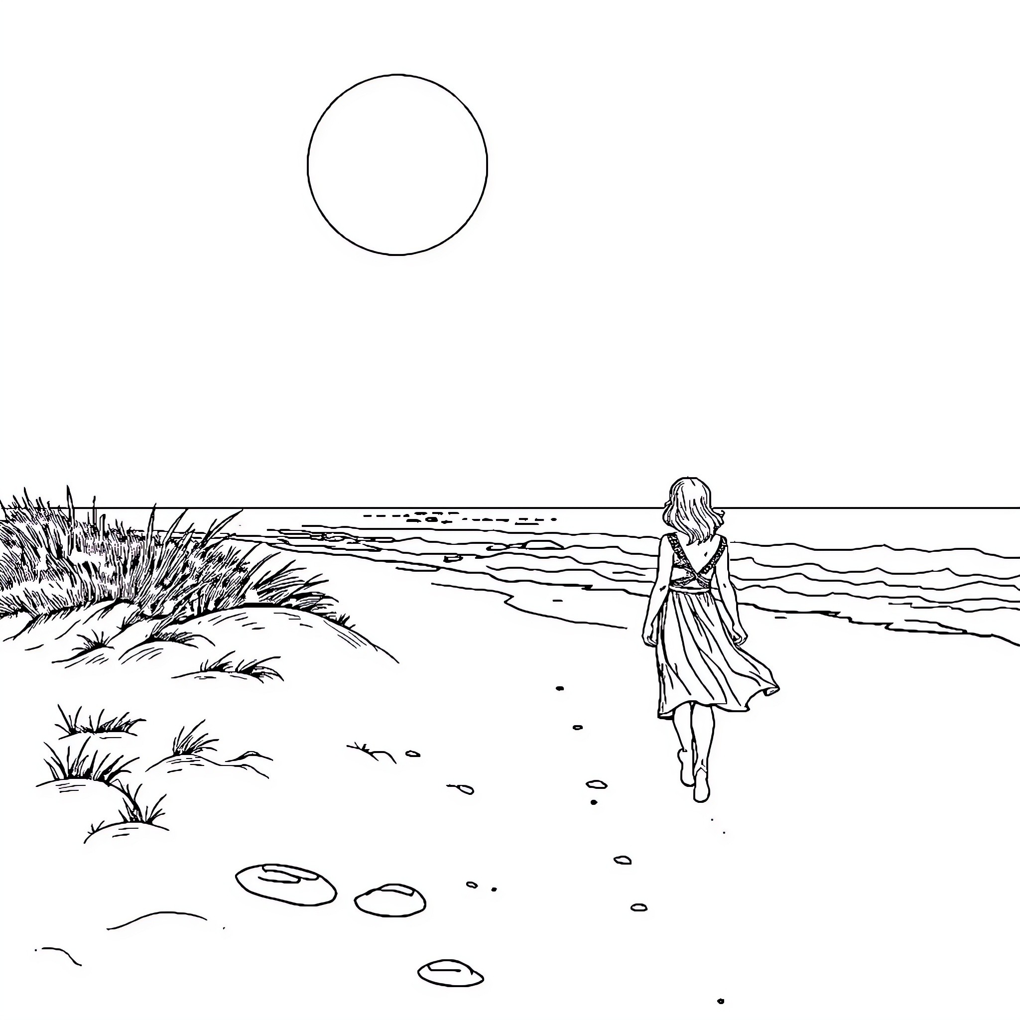 Woman walking alone on the beach Coloring Page (free black-and-white line drawing printable PDF for all, from beginners to advanced learners, including children, teens, adults, and seniors)