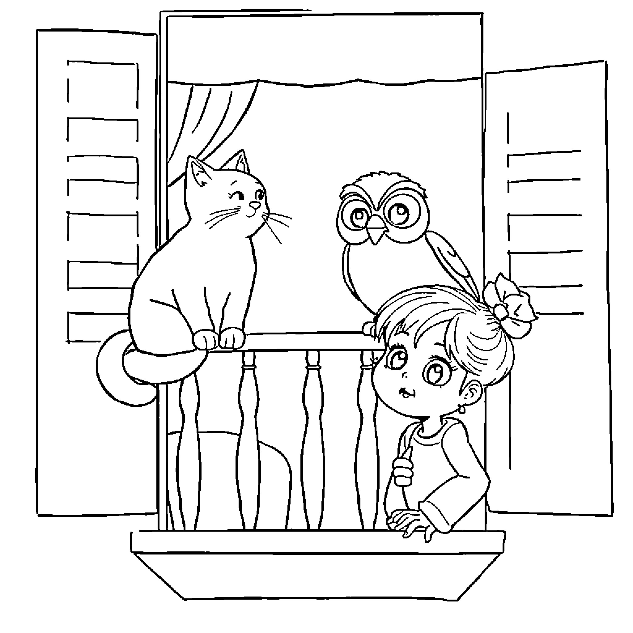 Cat and owl on balcony with young girl Coloring Page (free black-and-white line drawing printable PDF for all, from beginners to advanced learners, including children, teens, adults, and seniors)