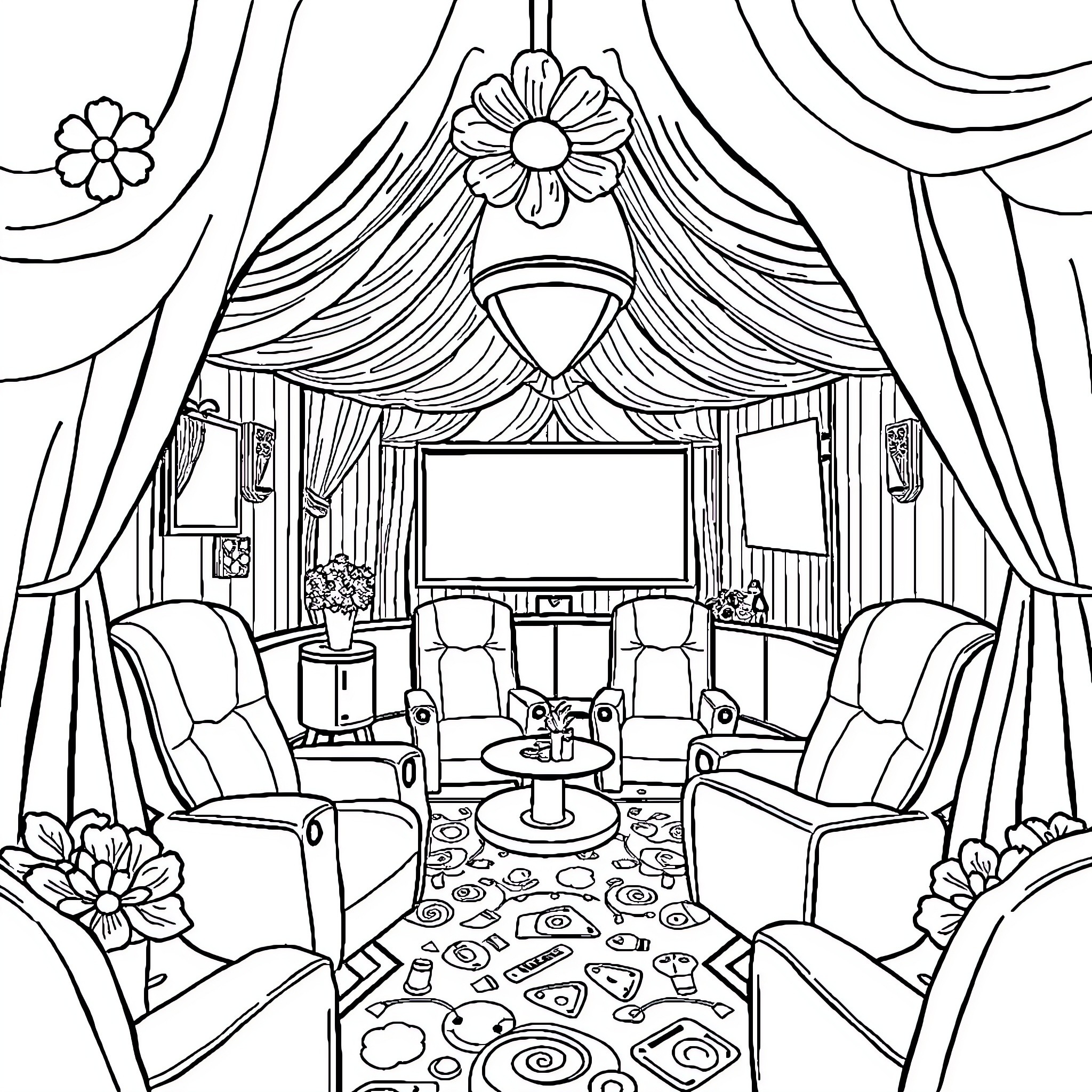 Bloom into a Theatrical Ambiance Coloring Page (free black-and-white line drawing printable PDF for all, from beginners to advanced learners, including children, teens, adults, and seniors)